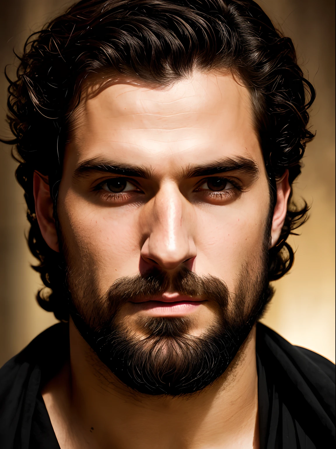 A close up of a insanely handsome attractive man with a thin beard and a black robe, a portrait by Roman Bezpalkiv, zbrush central contest winner, renaissance, heavenly handsome prince of persia, Henry Cavill as assyrian, handsome male, his head and neck covered in jewels, as a medieval fantasy character, arabian samurai, handsome man, portrait of bedouin d&d