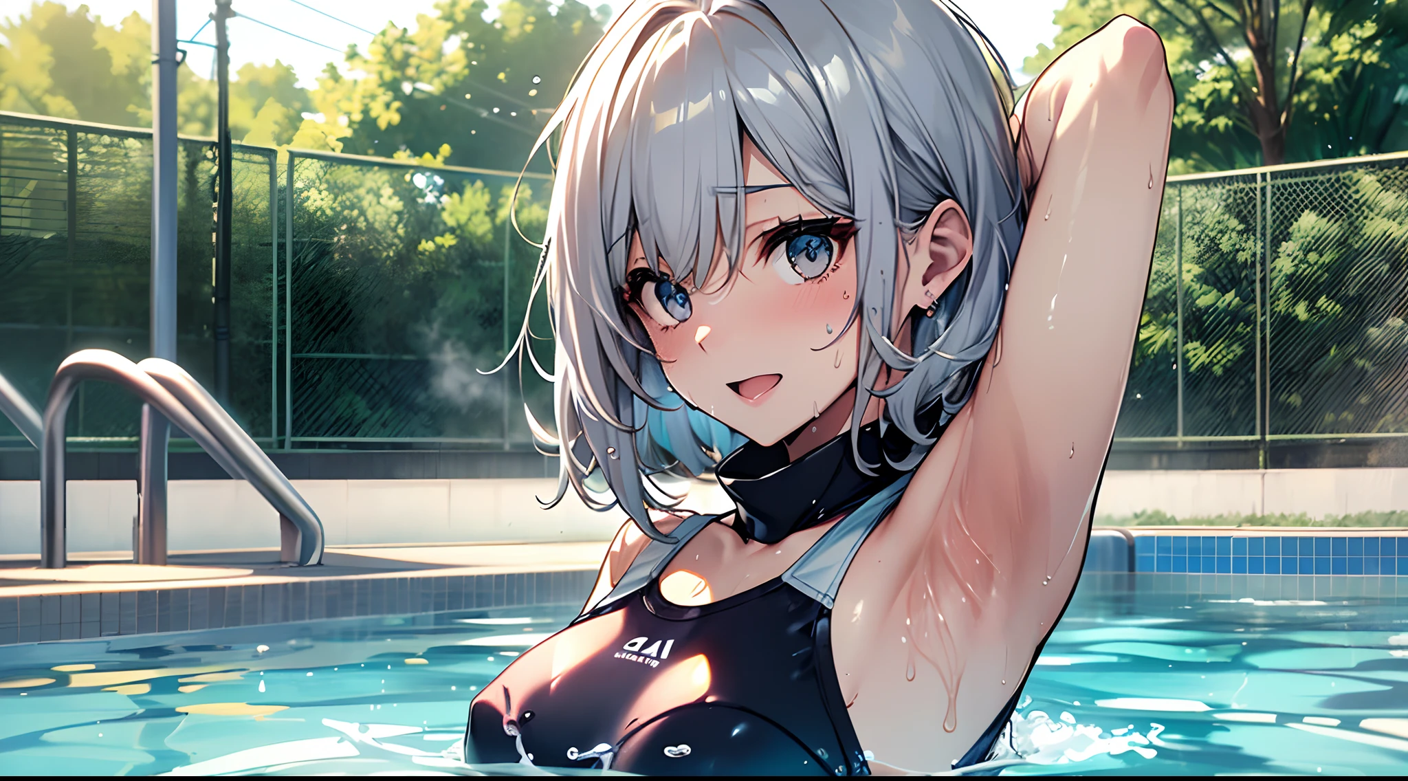 top-quality、Top image quality、in 8K,4K,​masterpiece、(NSFW:1.1)、ultra-detailliert、Beautiful、ultra-quality、adult-like、Cool、girl with(((18year old、School swim wear:1.4、Skin shiny with sweat:1.1、Bust 78、silber hair、a short bob、Red Eyes、erotick:1.4、an ecstatic look on one's face)))、Raise your arms to show your armpits、Keep your back on the ground、hiquality、visualart、Background with((in poolside:1.3))、masutepiece