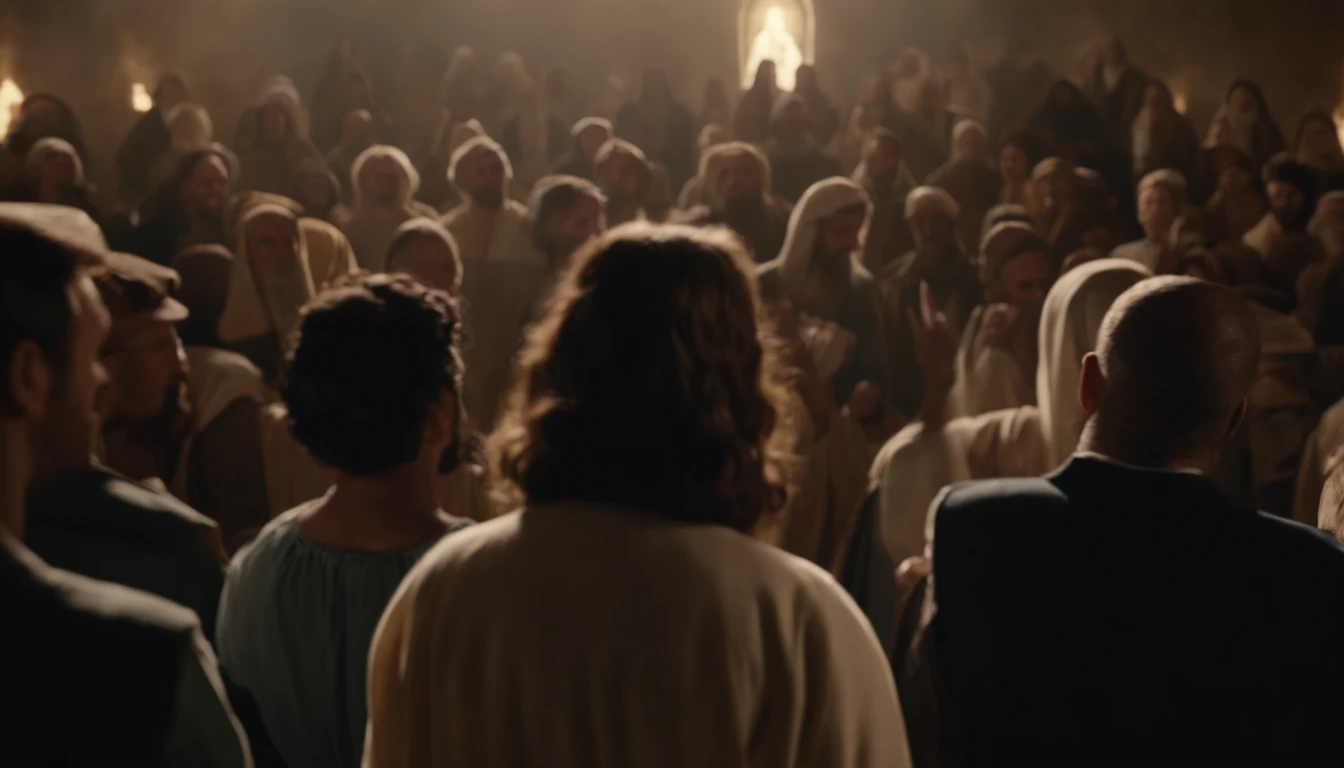 Jesus is in the midst of people and a woman stands up to speak
