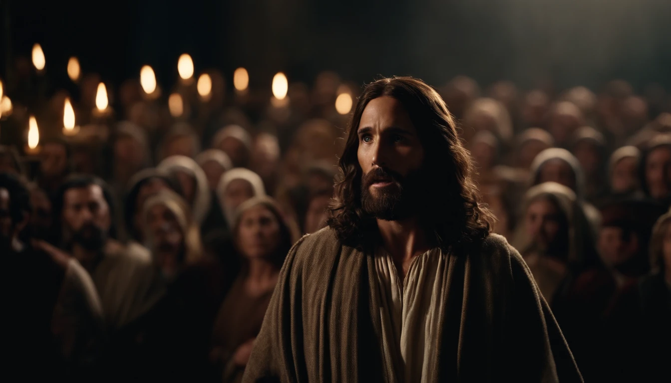 Jesus is in the midst of people and a woman stands up to speak