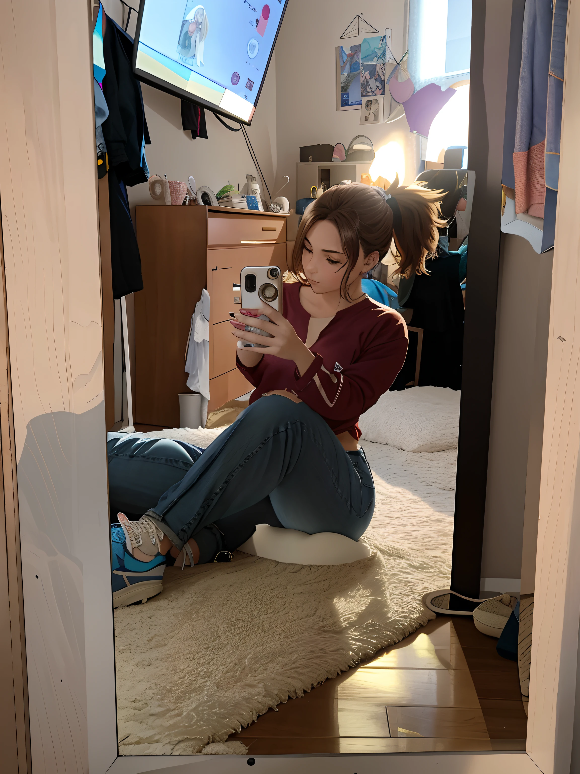 create images, the focus and silhouette of a young woman, Caucasian skin, very long brown silky hair with bangs. wearing a loose white sweatshirt, white hairband, long white over the knee socks, barefoot. she is taking a selfie in a mirror of a Greek mansion bedroom with a balcony just behind showing the sunny Greek city.