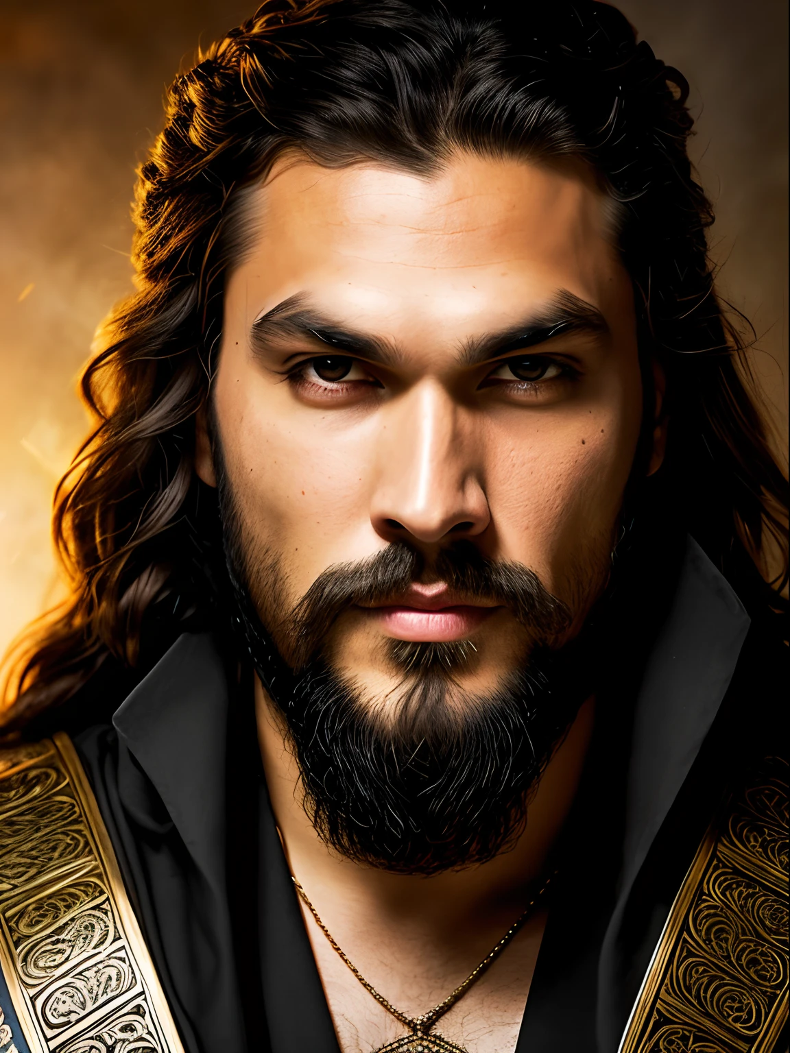 A close up of a insanely handsome attractive man with a thin beard and a black robe, a portrait by Roman Bezpalkiv, zbrush central contest winner, renaissance, heavenly handsome prince of persia, jason momoa as assyrian, handsome male, his head and neck covered in jewels, as a medieval fantasy character, arabian samurai, handsome man, portrait of bedouin d&d