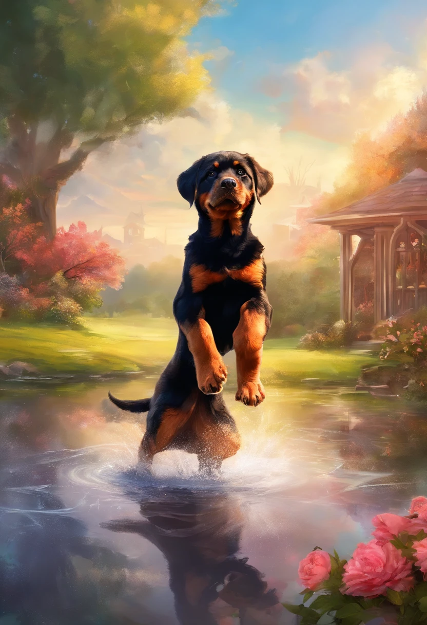 puppy rottweiler jumping abowe the puddle with puppy red head poodle in the sunny day at the backyard