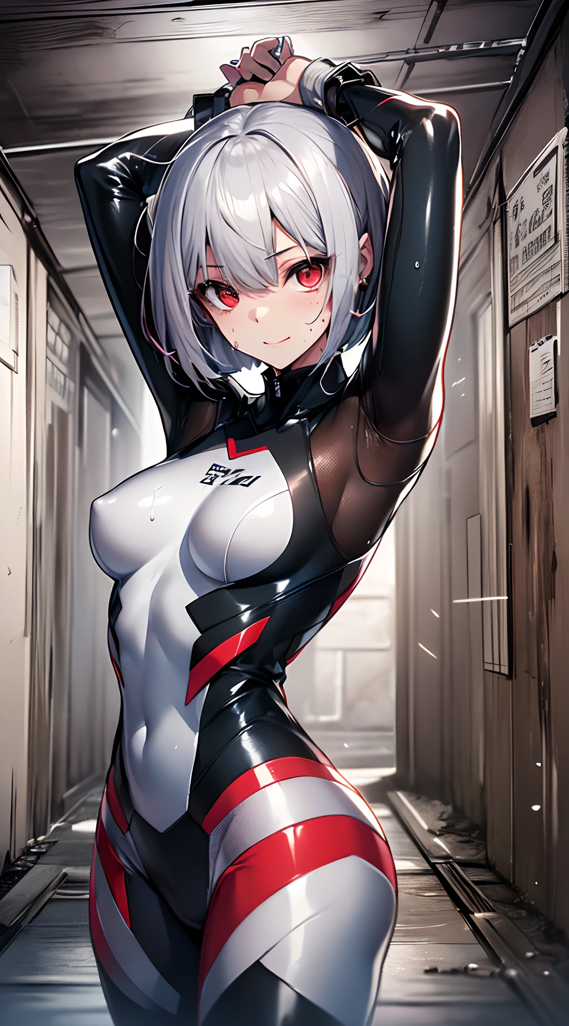 top-quality、Top image quality、in 8K,4K,masterpiece、(NSFW:1.1)、ultra-detailliert、Beautiful、ultra-quality、adult-like、Cool、girl with(((18year old、Pitchy rubber suit:1.4、Skin shiny with sweat:1.1、Bust 78、silber hair、a short bob、Red Eyes、erotick:1.4、an ecstatic look on one's face)))、Raise your arms to show your armpits、hiquality、visualart、Background with((underground room:1.3))、masutepiece