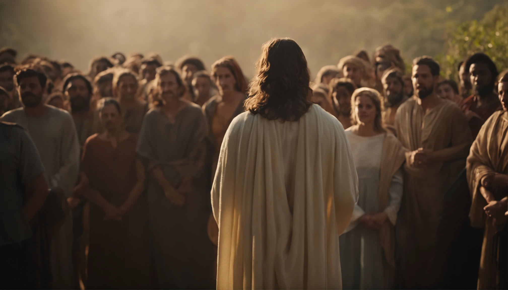 Jesus is in the midst of people and a woman stands up to speak