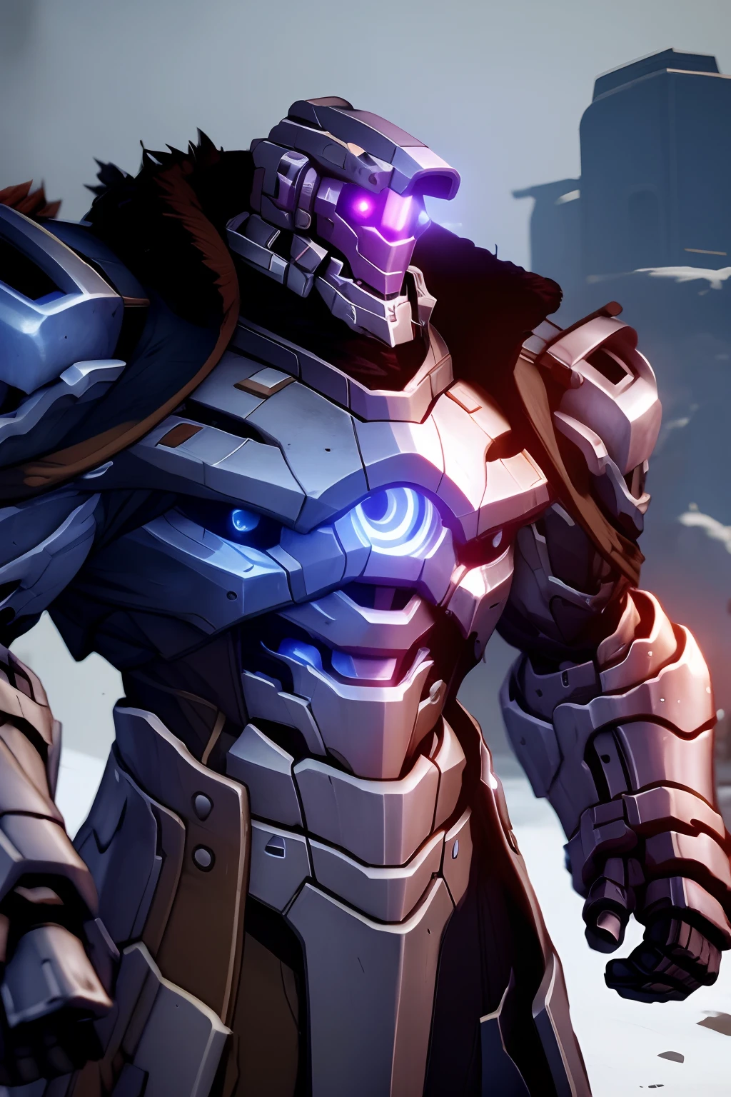 one all armor robot guy, Svarog, looking in the distance at a dark town