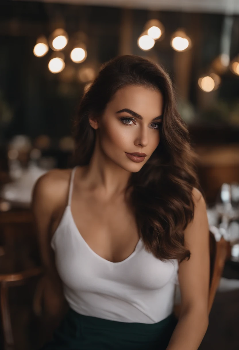 Femme Arafed en T-shirt blanc et collier, Repas au restaurant, fille sexy aux yeux verts, Portrait Sophie Mudd, cheveux bruns et grands yeux, selfie of a young woman, Yeux de chambre, Violet Myers, pas de maquillage, maquillage naturel, looking straight at camera, Visage avec Artgram, maquillage fin, Superbe plan complet, piercing green eyes, Bel angle, pose attrayante, douce fille, sexy pose, Image pleine longueur, complet - corps, Prise de vue du corps entier, brunette goddess, High detail, Posture satisfaite, dans une jupe grise et des bottes, jupe upskipe, bottes de genou