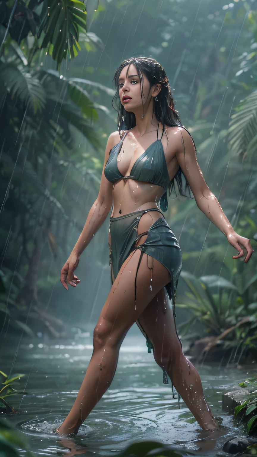 Best quality, masterpiece, meticulous detail, realistic, 8k, hi-res, RAW photo, photorealistic, a mystical lady getting wet in the middle of rainforest, raining heavily, makeup washed away by the rain water