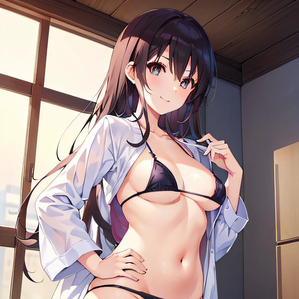 ((masutepiece)), ((Best Quality)), (Ultra-detailed), Anime style, girl s, 1girl in, Solo, Micro Bikini 00, ((Beautiful eyes)), large full breasts, wearing underpants, Smile
