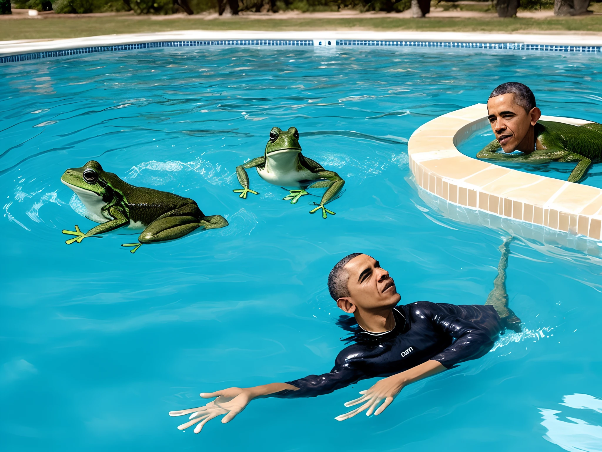 Obama swimming with frogs