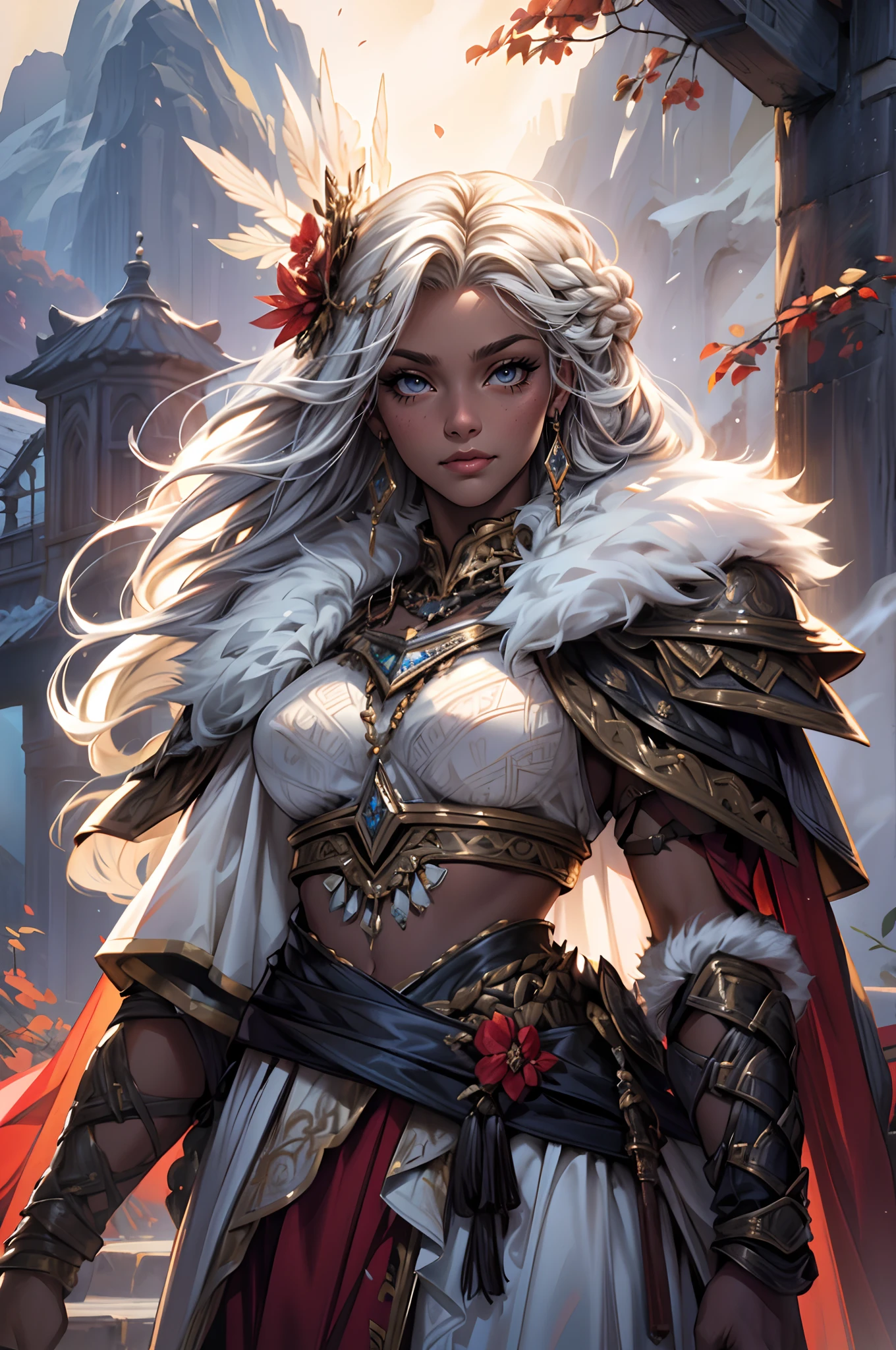 Fine illustration, ultra detailed, highres, from below, beautiful, gablin_woman, elegant standing_pose, slightly smiling,close mouth, elegant look, ((looking at viewer)),barbarian_dress, black_afro_glistening long braided_hair, tall warrior, ((dark_skin_female)), smoky_glowing world, detailed countryside_dress with glittery paladin woman_dress, detailed embroidery, white fur_cape, extremely layered frills