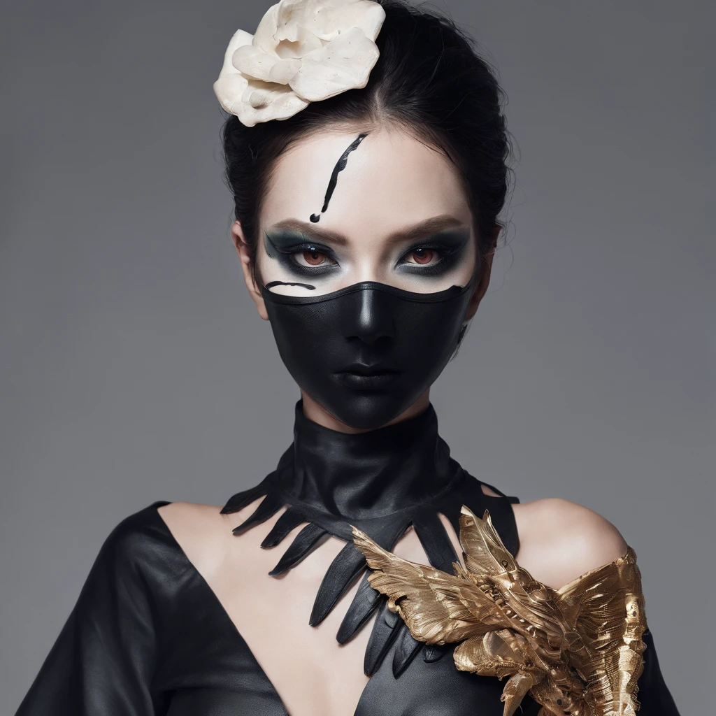 Fashion portrait with exotic and mysterious image、Eccentric hairstyle spreads horizontally、Paint-like eyeshadow around the eyes、Detailed skin type expression、Paint on the face、Melancholy gaze、He wears a black mask with a fang-growing mouth printed on it.