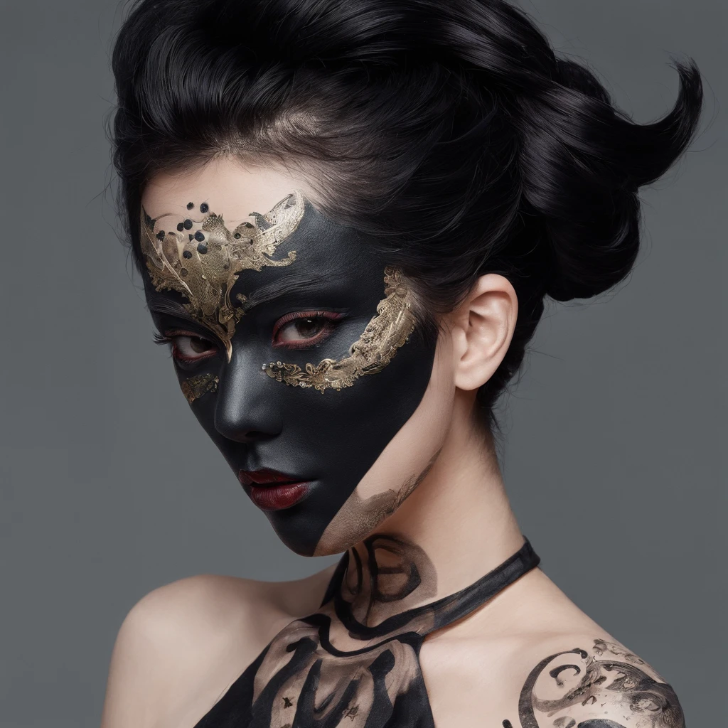 Fashion portrait with exotic and mysterious image、Eccentric hairstyle spreads horizontally、Paint-like eyeshadow around the eyes、Detailed skin type expression、Paint on the face、Melancholy gaze、He wears a black mask with a fang-growing mouth printed on it.