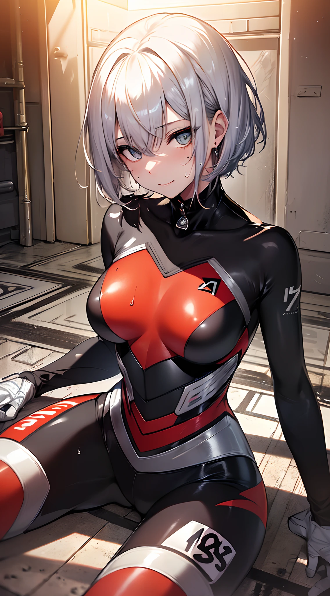 top-quality、Top image quality、in 8K,4K,masterpiece、(NSFW:1.1)、ultra-detailliert、Beautiful、ultra-quality、adult-like、Cool、girl with(((18year old、Pitch Rubber Suit:1.4、Skin shiny with sweat:1.1、Bust 78、silber hair、a short bob、Red Eyes、erotick:1.4、an ecstatic look on one's face)))、Sit up、Detained、hiquality、visualart、Background with((underground room:1.3))、masutepiece