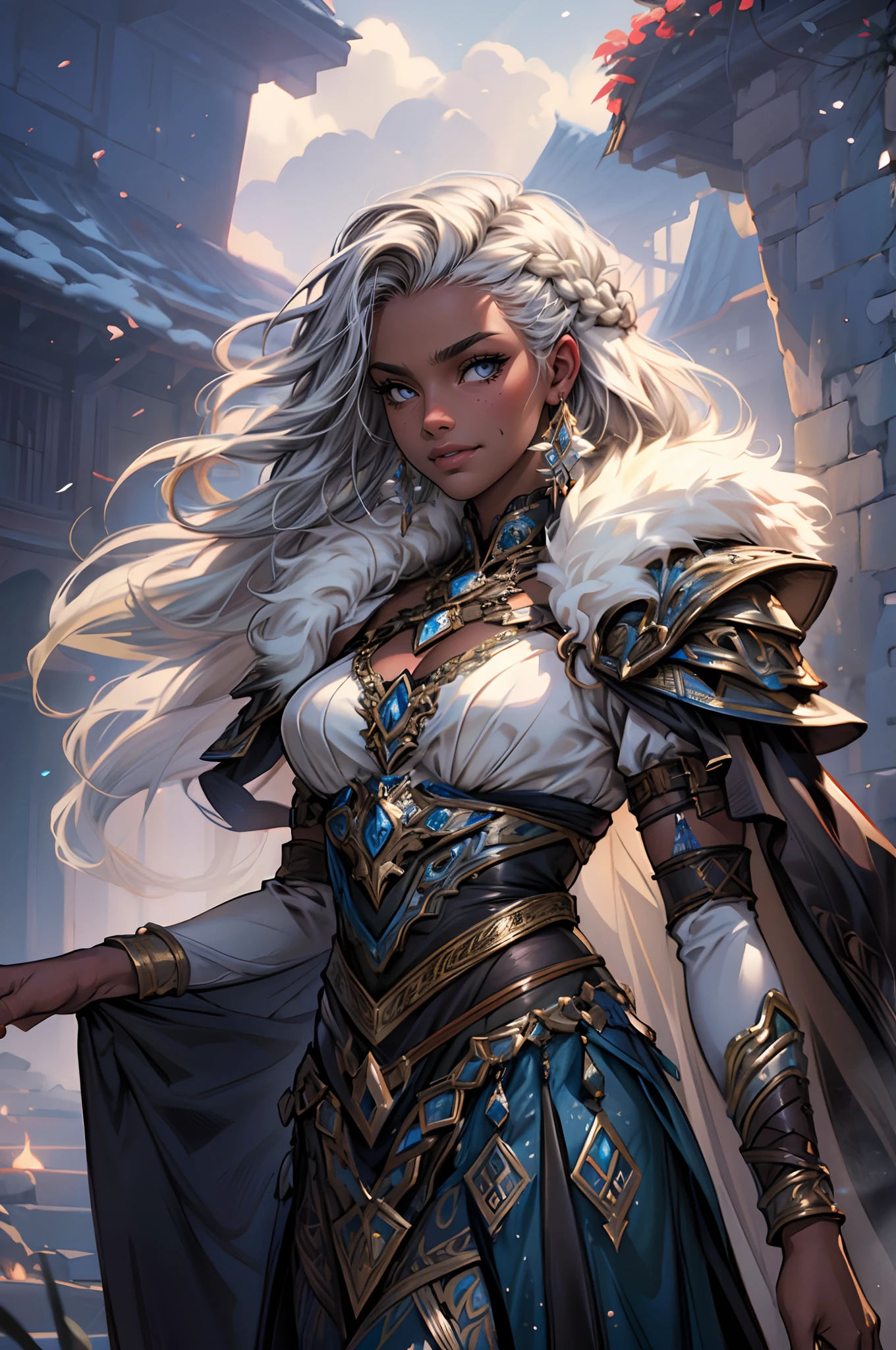 Fine illustration, ultra detailed, highres, from below, beautiful, gablin_woman, elegant standing_pose, slightly smiling,close mouth, elegant look, ((looking at viewer)),barbarian_dress, black_afro_glistening long braided_hair, tall warrior, ((dark_skin_female)), smoky_glowing world, detailed countryside_dress with glittery paladin woman_dress, detailed embroidery, white fur_cape, extremely layered frills