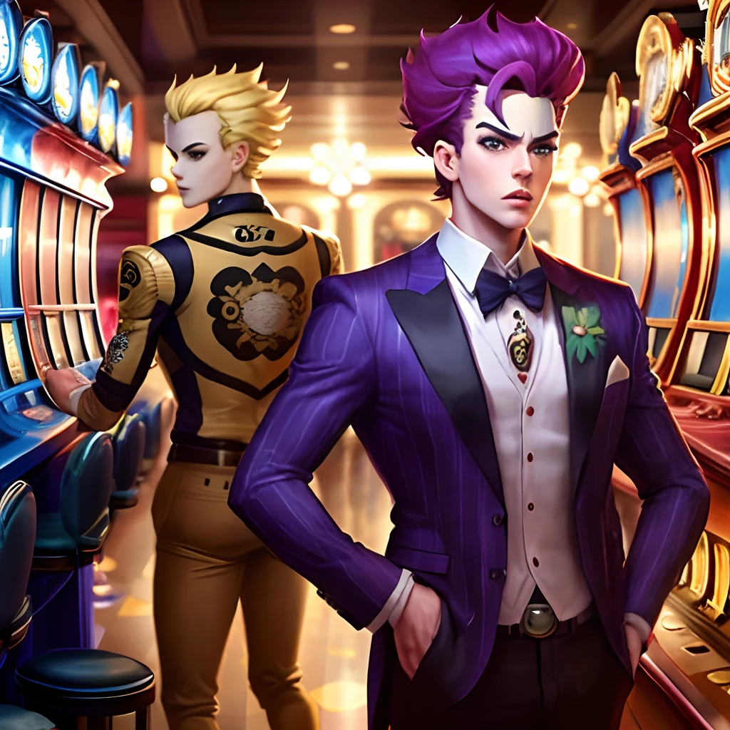 Create a stand in the artstyle of Jojo’s Bizzare Adventure. The Stand is called Casino King… It is a humanoid stand. The chest is a slot machine. The arms are made of playing cards… Its eyes are dice. It doesn’t have legs it just floats… It wears a crown with a clover symbol on its head