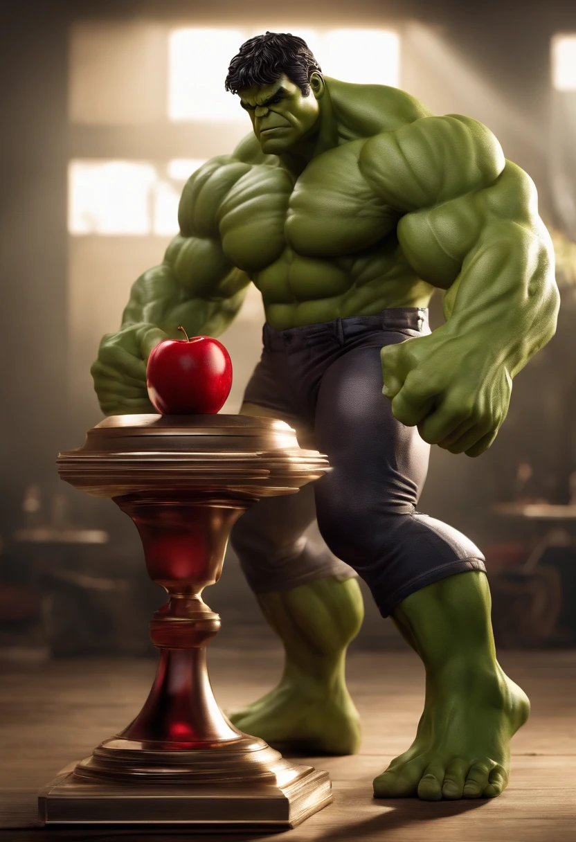 Hulk in pants lifting a trophy with a red colored apple on top of the trophy