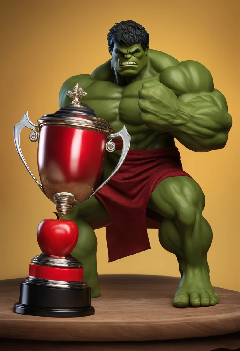 Hulk in pants lifting a trophy with a red colored apple on top of the trophy