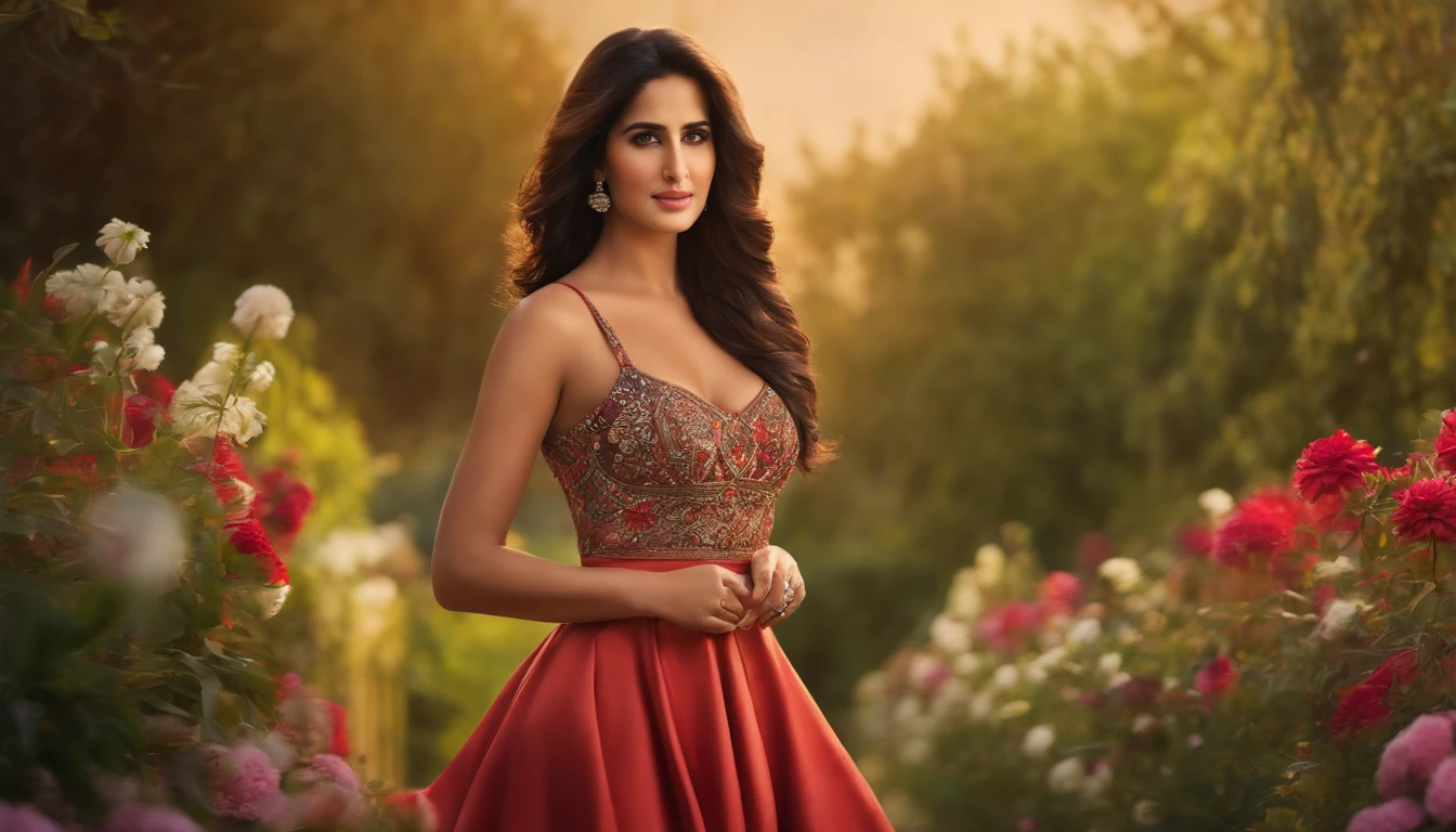 Best quality,ultra-detailed,realistic portrait of Katrina Kaif in a pleated mini skirt. Beautiful detailed eyes and face, long eyelashes, and beautifully detailed lips. She is standing in a vibrant garden surrounded by blooming flowers. The sunlight illuminates her face and casts a warm glow on her skin. She is posing confidently with her hands on her hips, showcasing her fashionable outfit. The skirt has a vibrant color and textured fabric, which adds an element of movement to the composition. The background is filled with lush greenery and a variety of flowers, creating a lively and energetic atmosphere. The painting style is a combination of a classical oil painting and a modern fashion illustration, creating a unique blend of realism and artistry. The color palette is bright and vibrant, with a mix of warm and cool tones that complement Katrina's complexion. The lighting is soft and diffused, creating gentle shadows and highlights that enhance the three-dimensionality of the portrait. This artwork captures the grace, beauty, and confident personality of Katrina Kaif in a stylish and fashionable setting.