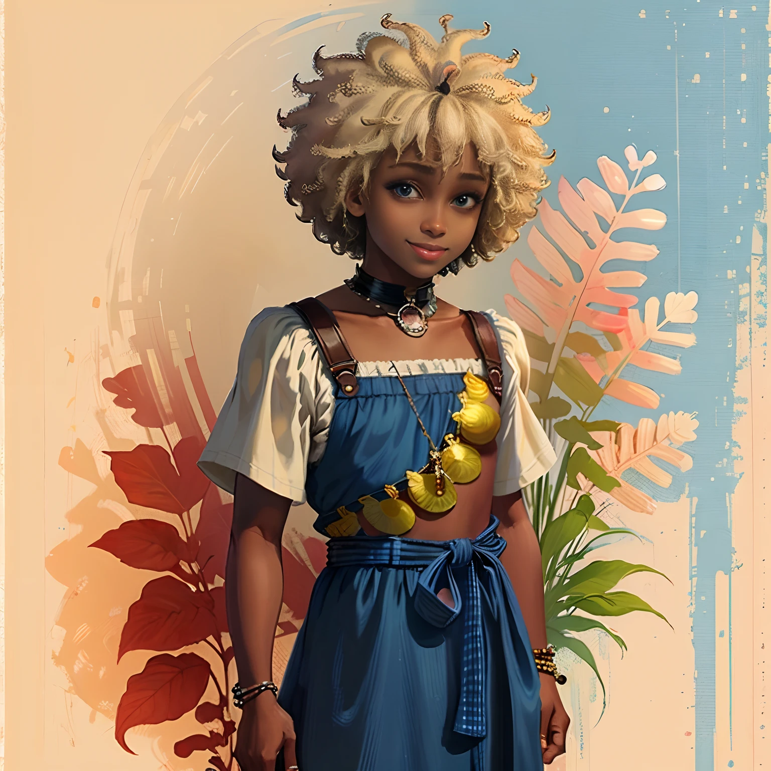 (best quality:1.1),original,1boy,chic,trendy,short afro hair, dark skin, 1970's, blonde hair, blue eyes, anime style, niji, looking at the viewer smiling