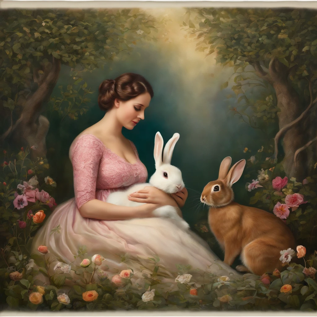 The Big Hero, Aunt Cass, (airy small colorful night gown, open, no underwear), christmas decorated living room, kneeling on a rug by the fireplace, playing with a fluffy bunny, sultry looks to viewer