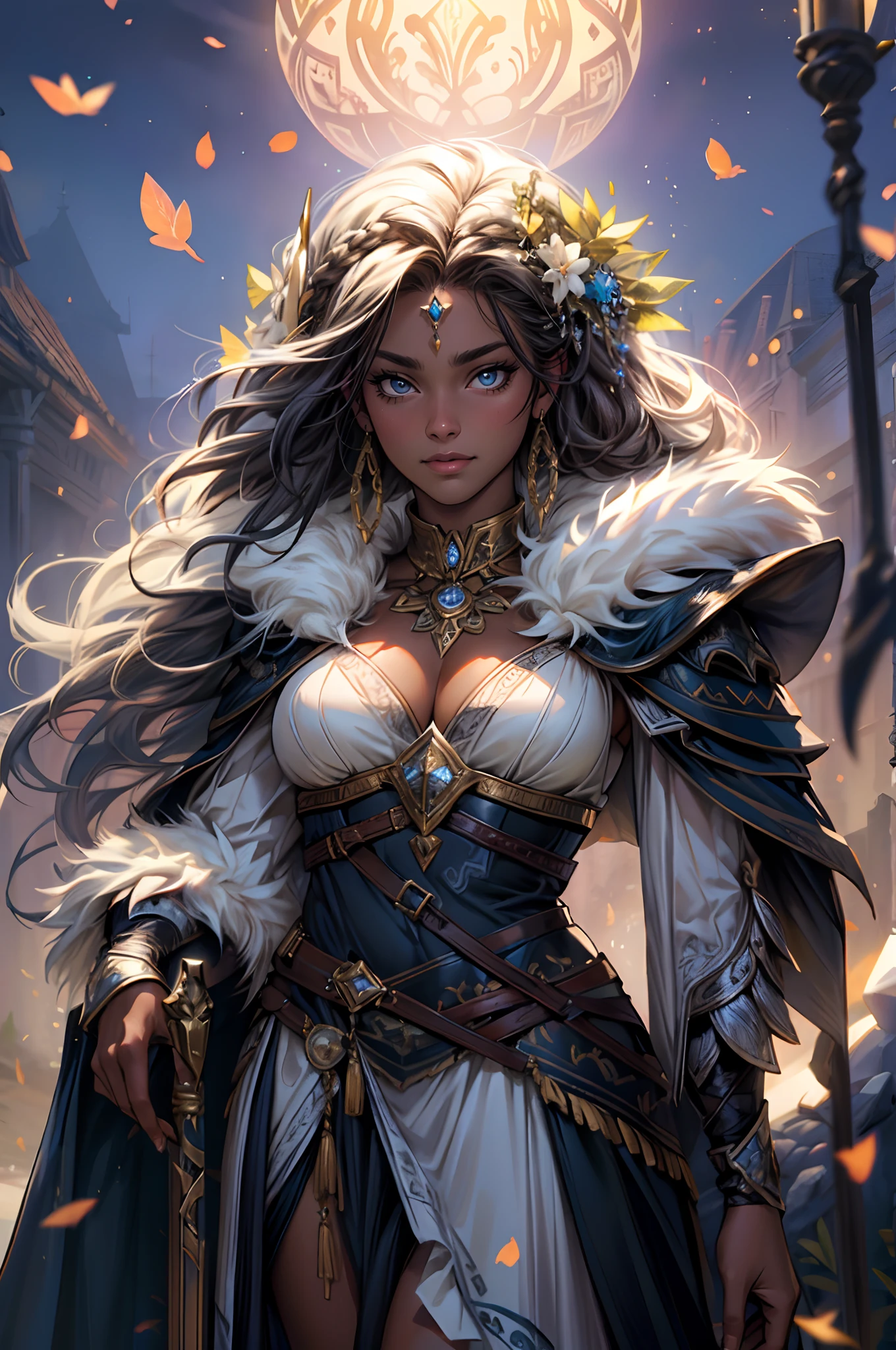 Fine illustration, ultra detailed, highres, from below, beautiful, gablin_woman, elegant standing_pose, slightly smiling,close mouth, elegant look, ((looking at viewer)),barbarian_dress, black_afro_glistening long braided_hair, tall warrior, ((dark_skin_female)), smoky_glowing world, detailed countryside_dress with glittery paladin woman_dress, detailed embroidery, white fur_cape, extremely layered frills