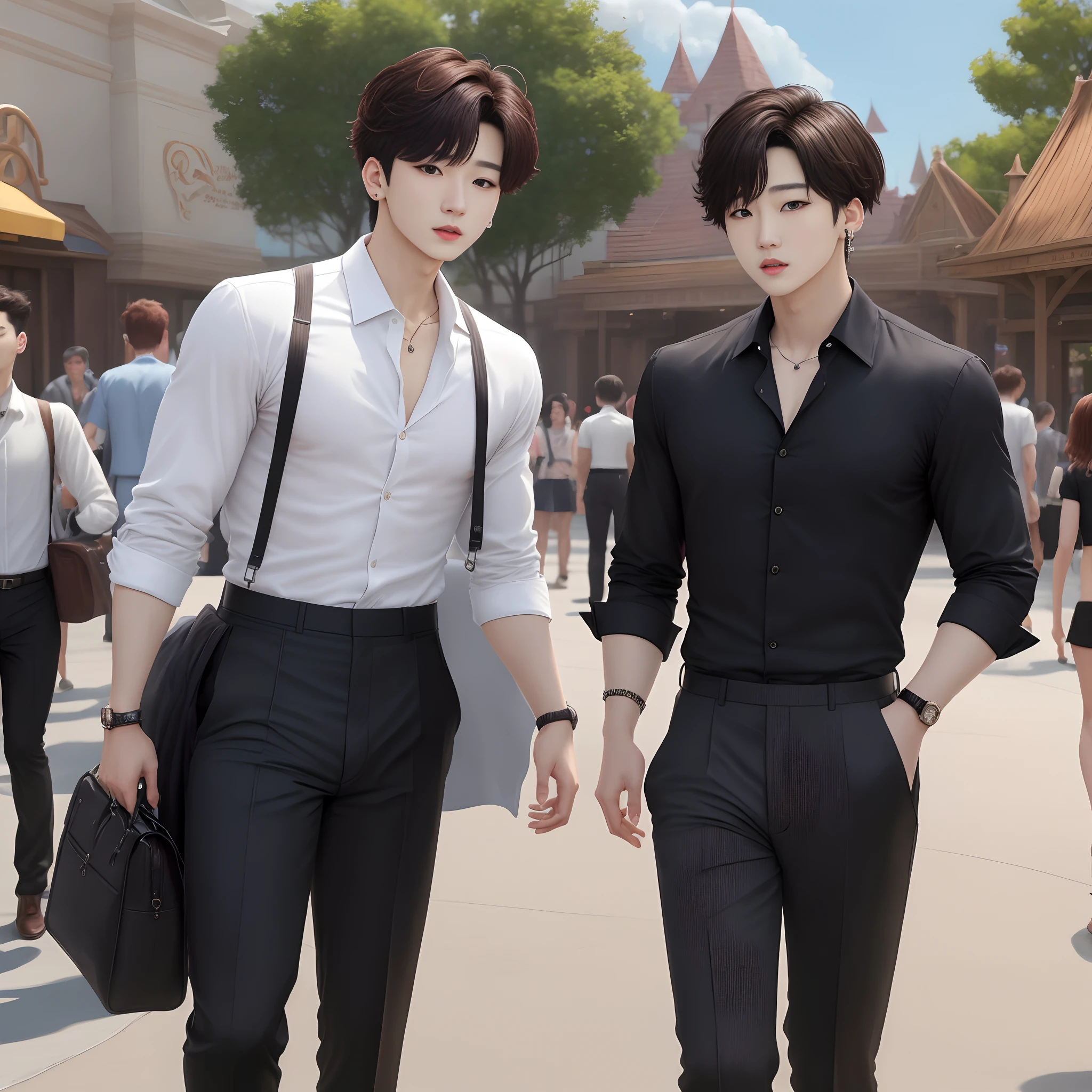 jungkook with dark, shaggy hair at a theme park in a black button up shirt and dress pants, realism