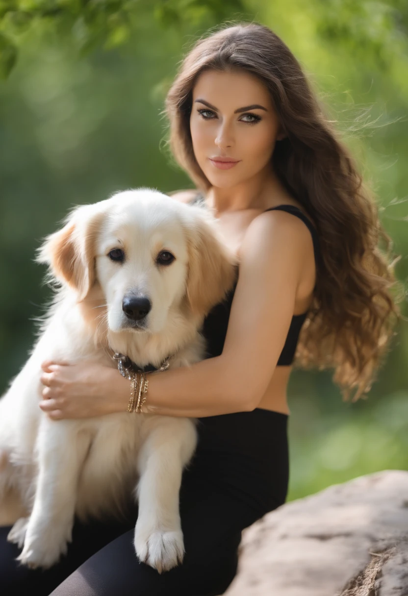 Femme Arafed en T-shirt blanc et collier, avec golden retriver, fille sexy aux yeux verts, Portrait Sophie Mudd, cheveux bruns et grands yeux, selfie of a young woman, Yeux de chambre, Violet Myers, pas de maquillage, maquillage naturel, looking straight at camera, Visage avec Artgram, maquillage fin, Superbe plan complet, piercing green eyes, Bel angle, pose attrayante, douce fille, sexy pose, Image pleine longueur, complet - corps, Prise de vue du corps entier, brunette goddess, High detail, Posture satisfaite, dans une jupe grise et des bottes, jupe upskipe, bottes de genou