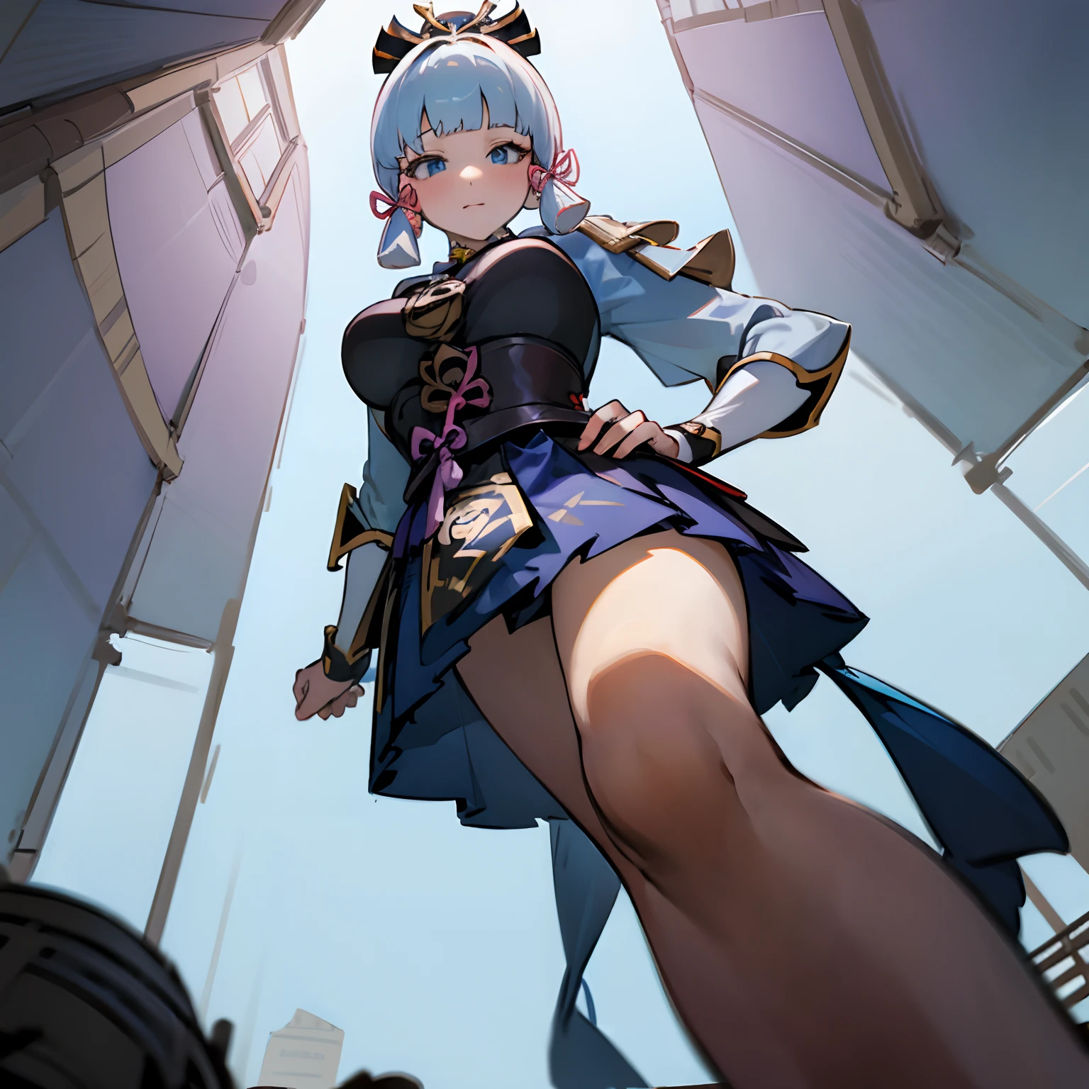 Masterpiece, perfect face, best quality, highest quality, perfect face, beautiful girl, giantess, anime giantess, kamisato ayaka genshin impact, giantess woman , white hair, biggest breasts, viewed from below, low angle, blue eyes, giantess, indoors, inside, looking down at viewer, blushing, leaning towards viewer, bulging breasts, ayaka genshin impact, giantess, anime giantess, hot, sexy, beautiful girl, indoors, inside, leaning down, large breasts, bulging chest, flushed, lustful, giantess, sensual, low angle, giantess, lusting, anime giantess, giantess growth, growing, chest growth, flustered, breast spillage, bulging breasts, biggest breasts, huge breasts, flushed face, low angle, very low angle, growing larger, giantess growth, bending down, leaning down, leaning towards viewer, breasts dangling, giga breasts, no underwear, no bra, detailed outfit, accurate costume, genshin impact game, waist-up, ant’s eye pov, extreme low angle, 1girl