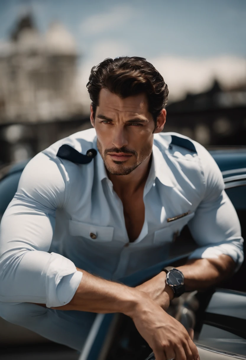 Handsome man with a gotee, black hair, blue shirt, gray jacket, black pants, on a helipad next to a helicopter, photo-realistic, octane render, unreal engine, ultra-realistic
