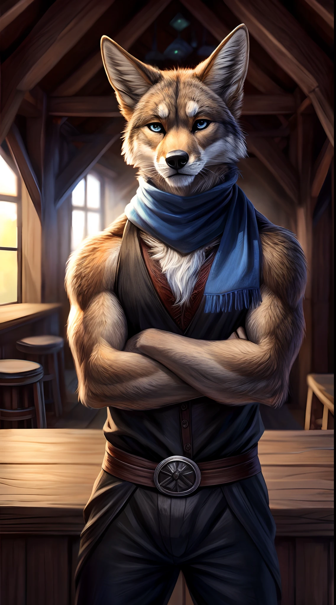 (ultra detailed fur, ultra realistic fur, realistic), solo, male anthro coyote, calm, detailed bright gray eyes,whiskers, square face, black goatee, small fluffy ears, bristled fur, (big blue scarf covering shoulders and chest, slim black trousers, sash)+, standing, skinny, full height picture, detailed background, old fantasy tavern, inside, crossed arms, looking at viewer) +