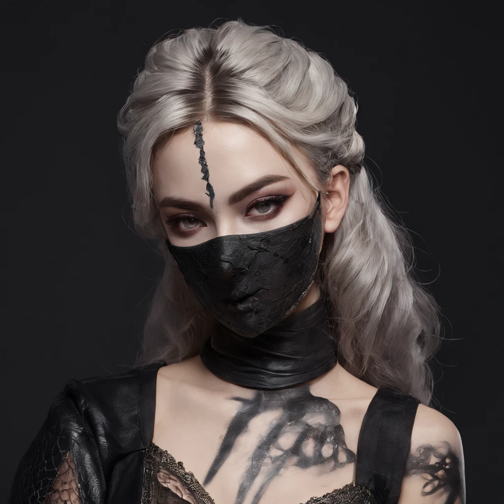 Fashion portrait with exotic and mysterious image、Eccentric hairstyle spreads horizontally、Paint-like eyeshadow around the eyes、Detailed skin type expression、Paint on the face、Melancholy gaze、He wears a black mask with a fang-growing mouth printed on it.8k、Top image quality、photoRealstic、