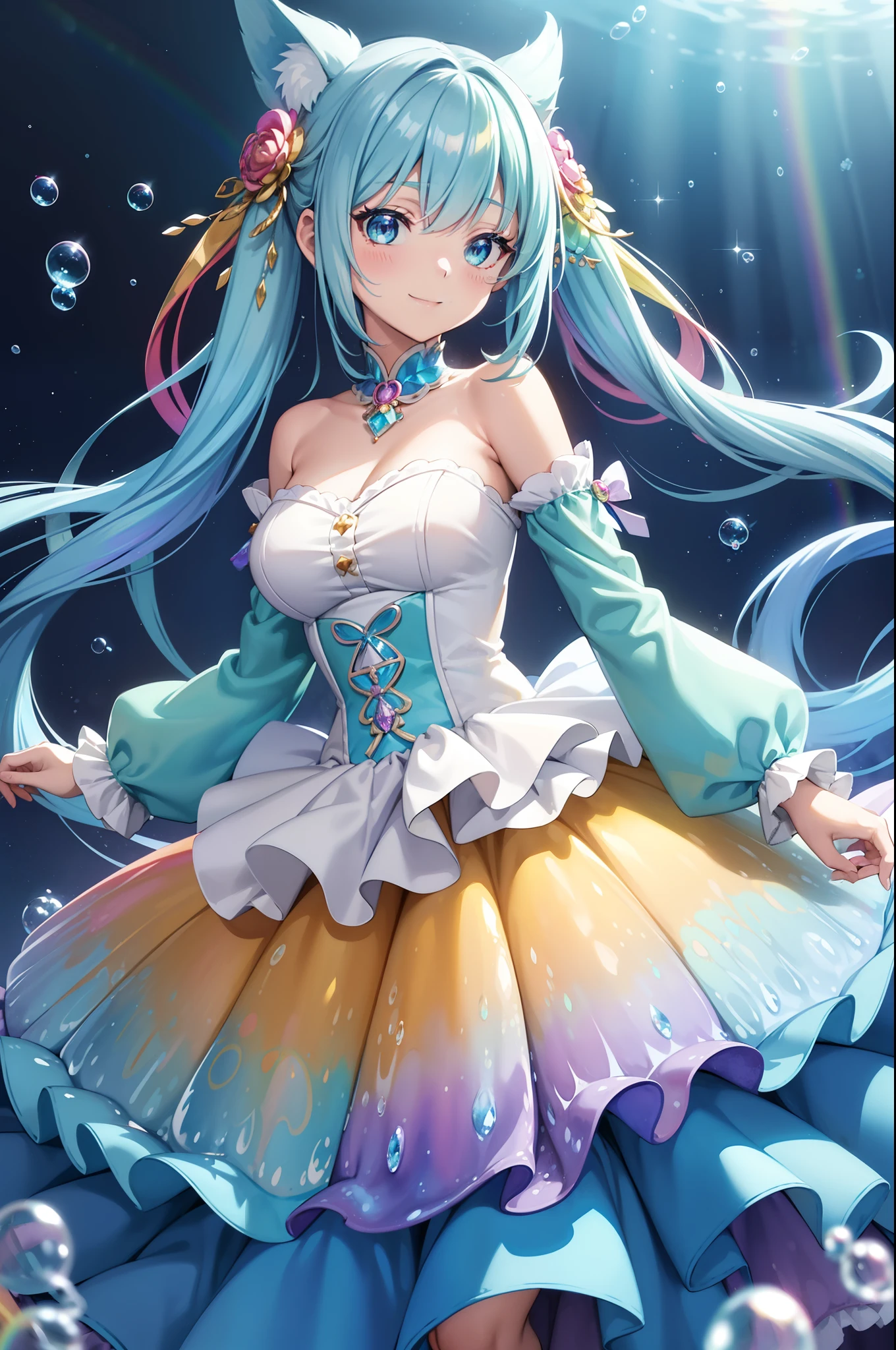 masutepiece, Best Quality, Intricate details,Beautiful Girl, Light blue long hair, Twin-tailed, A charming smile, Sparkling eyes, Otherworldly liquid fantasia background, watercolor paiting, bright vivid colors, capricious, Colorful, Layered Tiered Puffy Long Sleeve Ball Gown, ((iridescent rainbow bubbles))