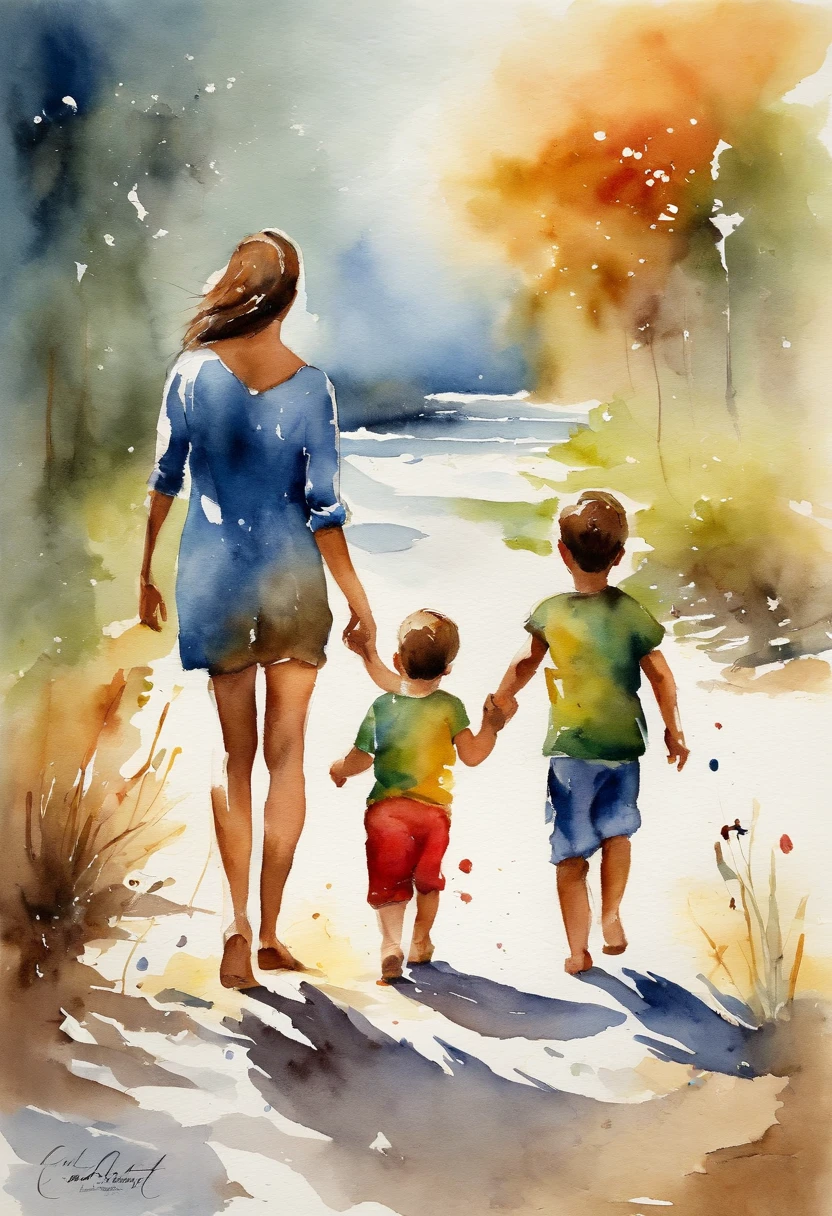A mother guiding her son's footsteps, caminho, aquarela, splashes