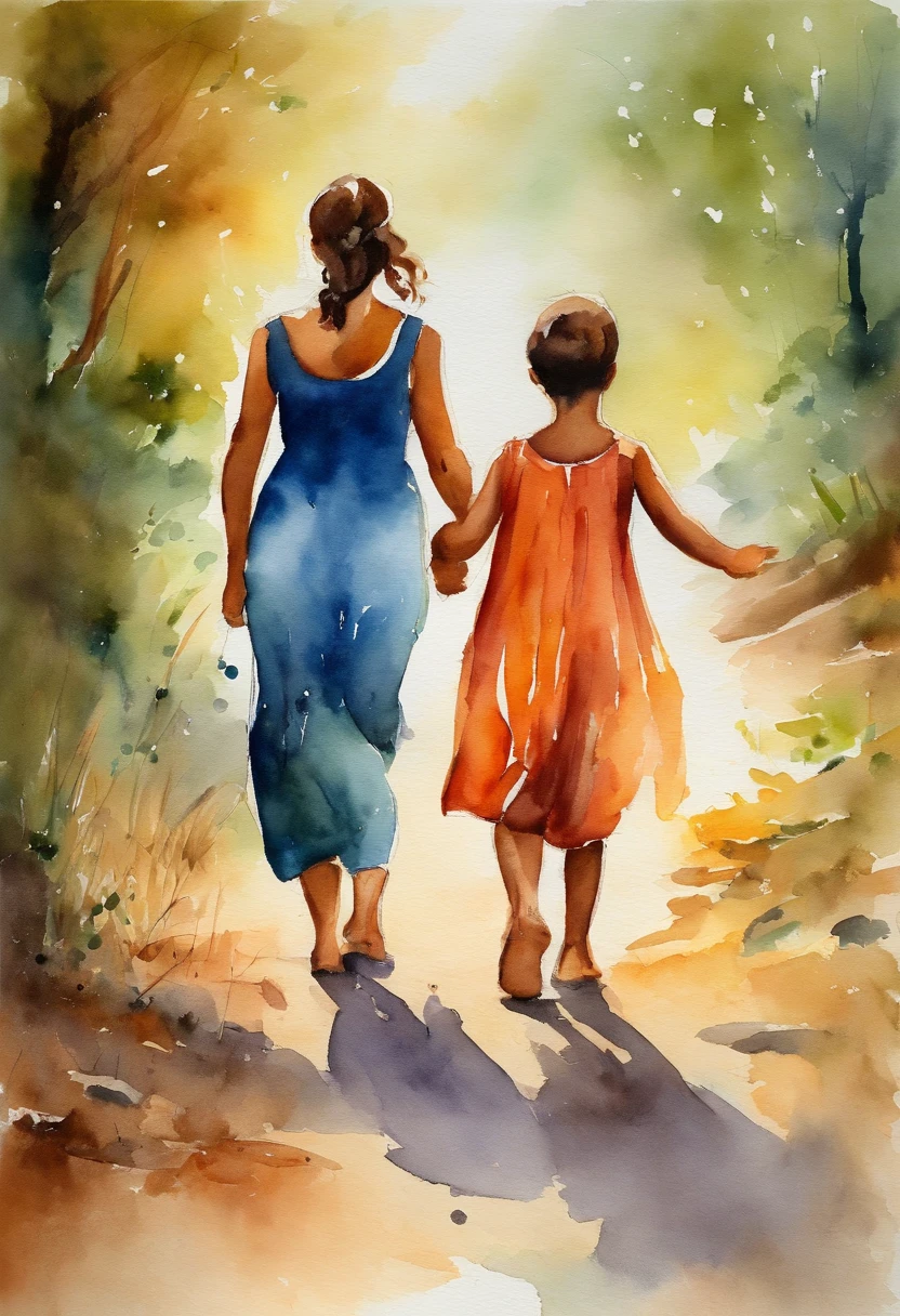 A mother guiding her son's footsteps, caminho, aquarela, splashes