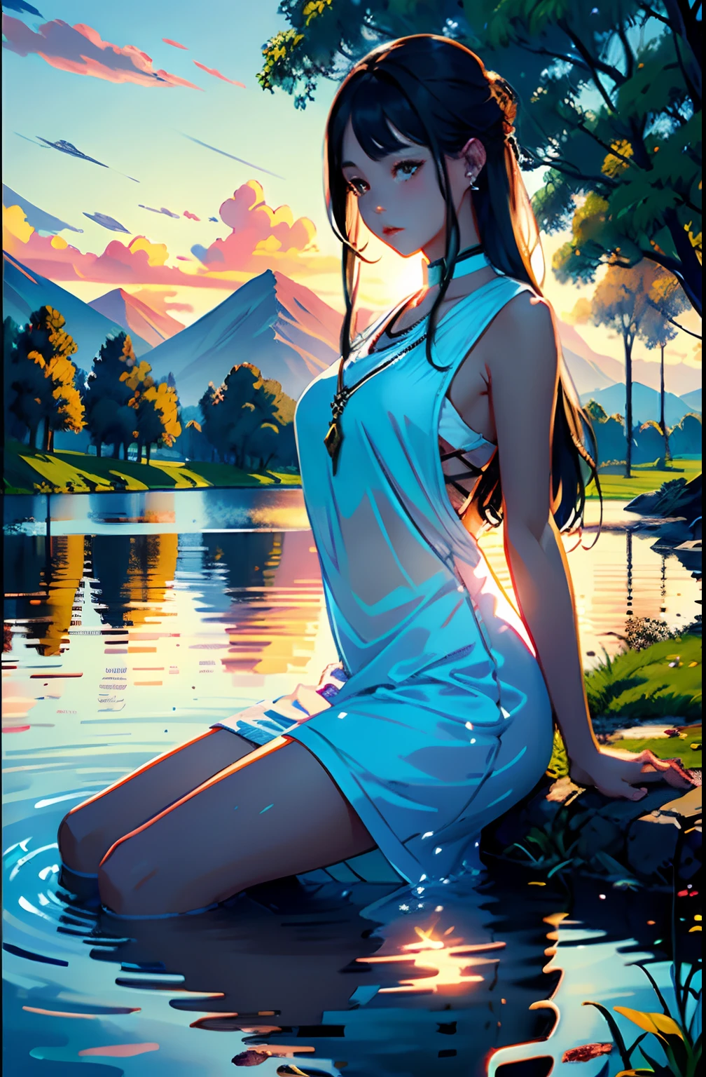 1 girl, serene expression, mesmerizing eyes, straight long hair, flowing dress, poised posture, porcelain skin, subtle blush, crystal pendant
BREAK
golden hour, (rim lighting):1.2, warm tones, sun flare, soft shadows, vibrant colors, painterly effect, dreamy atmosphere
BREAK
scenic lake, distant mountains, willow tree, calm water, reflection, sunlit clouds, peaceful ambiance, idyllic sunset, ultra detailed, official art, unity 8k wallpaper
, zentangle, mandala