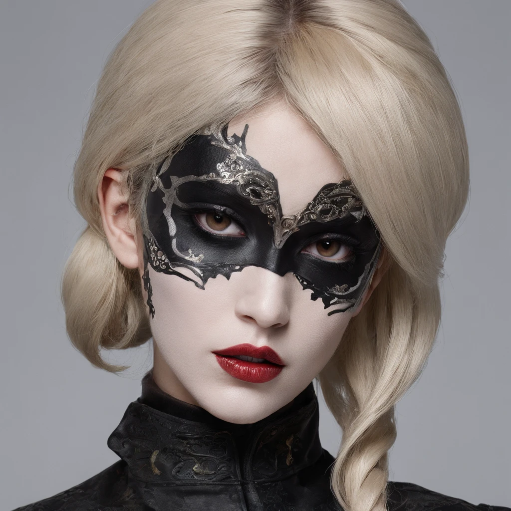 Fashion portrait with exotic and mysterious image、Eccentric hairstyle spreads horizontally、Paint-like eyeshadow around the eyes、Detailed skin type expression、Paint on the face、Melancholy gaze、He wears a black mask with a fang-growing mouth printed on it.8K、Top image quality、photoRealstic、Surrealism