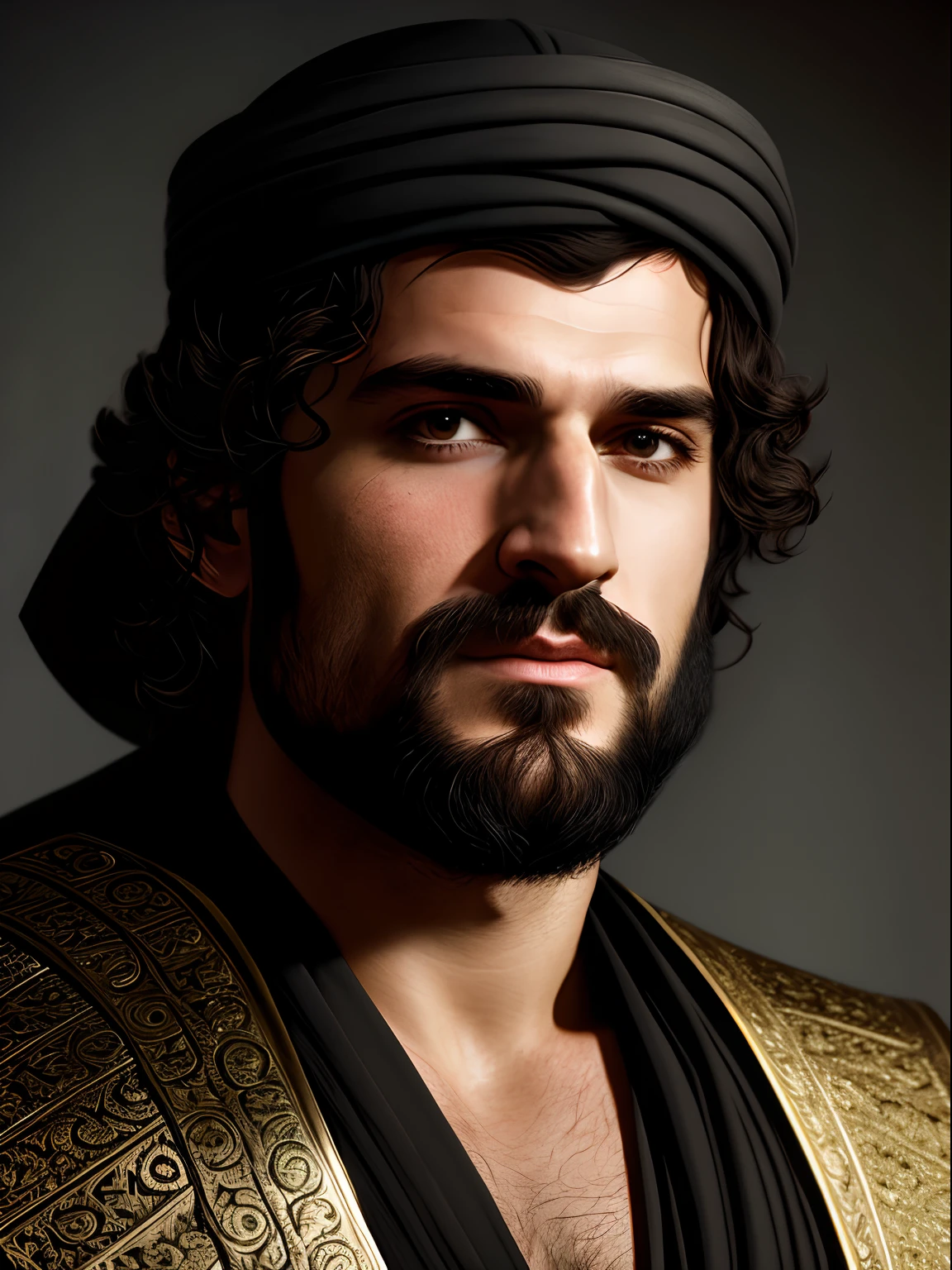 A close up of a insanely handsome attractive man with a thin beard and a black robe, a portrait by Roman Bezpalkiv, zbrush central contest winner, renaissance, heavenly handsome prince of persia, Henry Cavill as assyrian, handsome male, his head and neck covered in rich jewels, as a medieval fantasy character, arabian samurai, handsome man, portrait of bedouin d&d