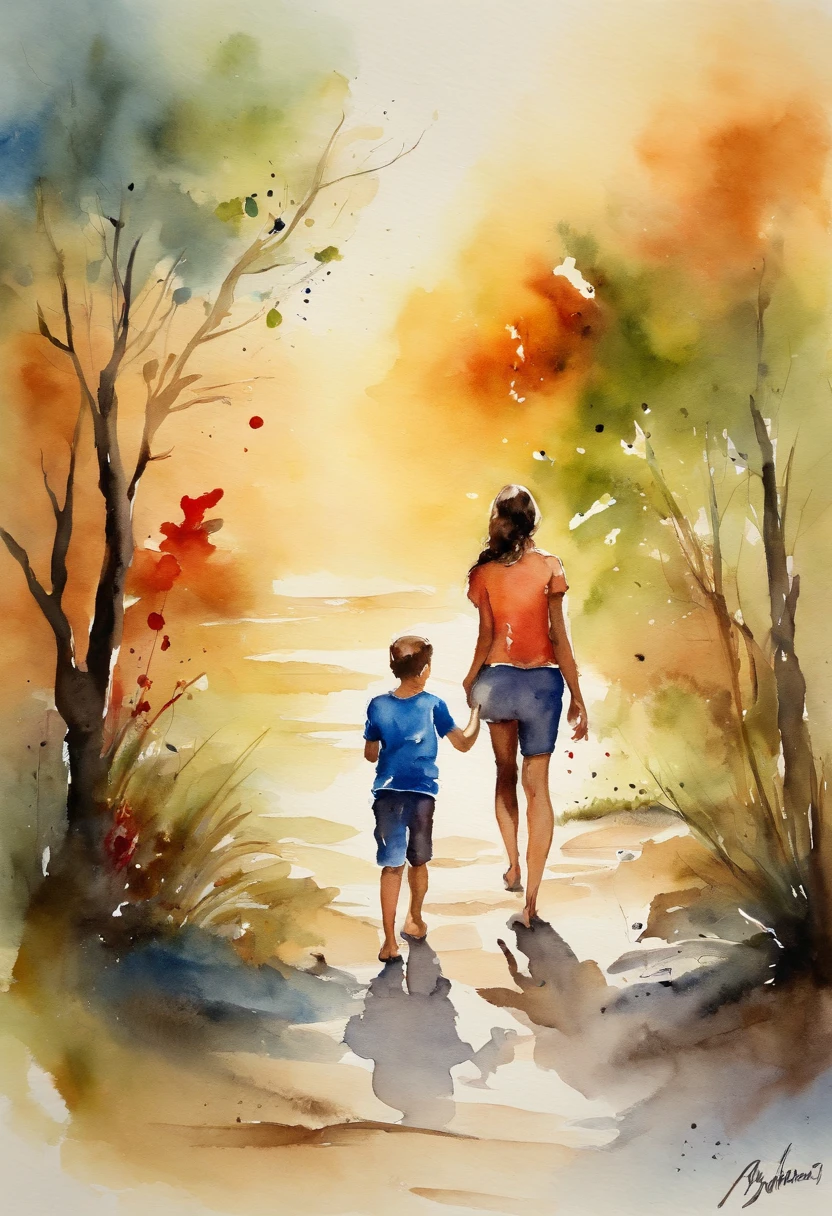 A mother guiding her son's footsteps, caminho, aquarela, splashes