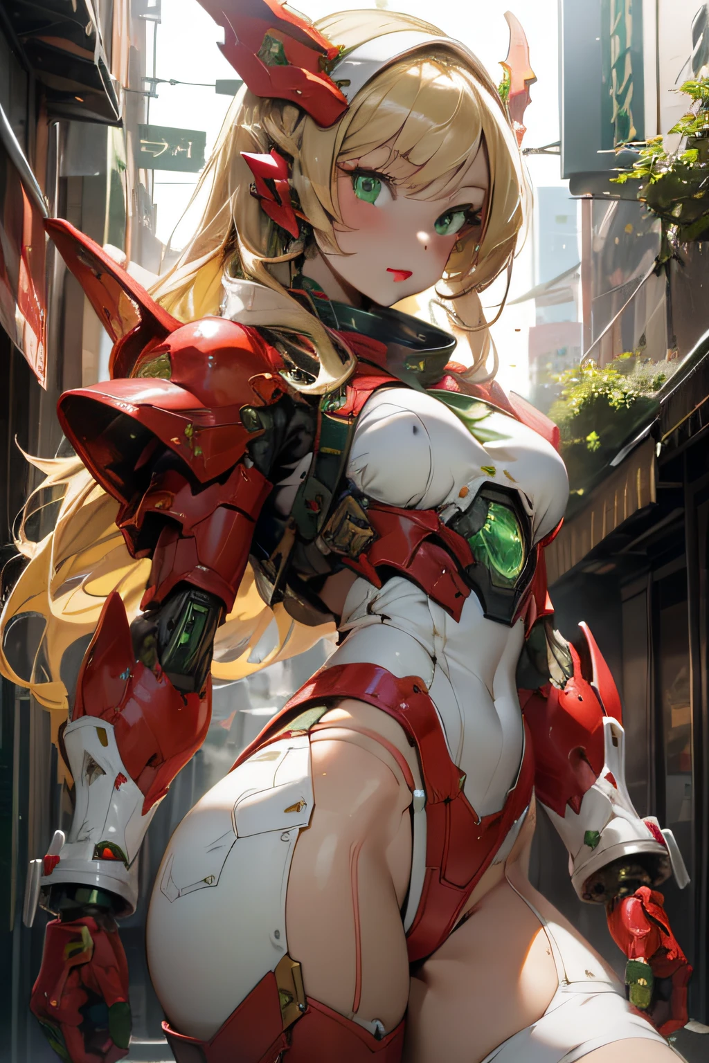 one girl closeup, HDR, Hi Res, perfect hands, pretty woman, blonde hair, green eyes, red lipstick, perfect face, perfect legs, perfect arms, dragon girl, mecha musume, headgear