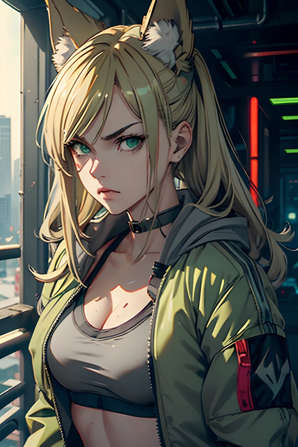 one female, cyberpunk, lean, tall, dirty blonde hair, green eyes, wearing a sports bra, (((green and grey bomber jacket))), white padding, ((scarlet sports bra)), wolf girl, wolf ears, grumpy, tsundere, portrait, close-up