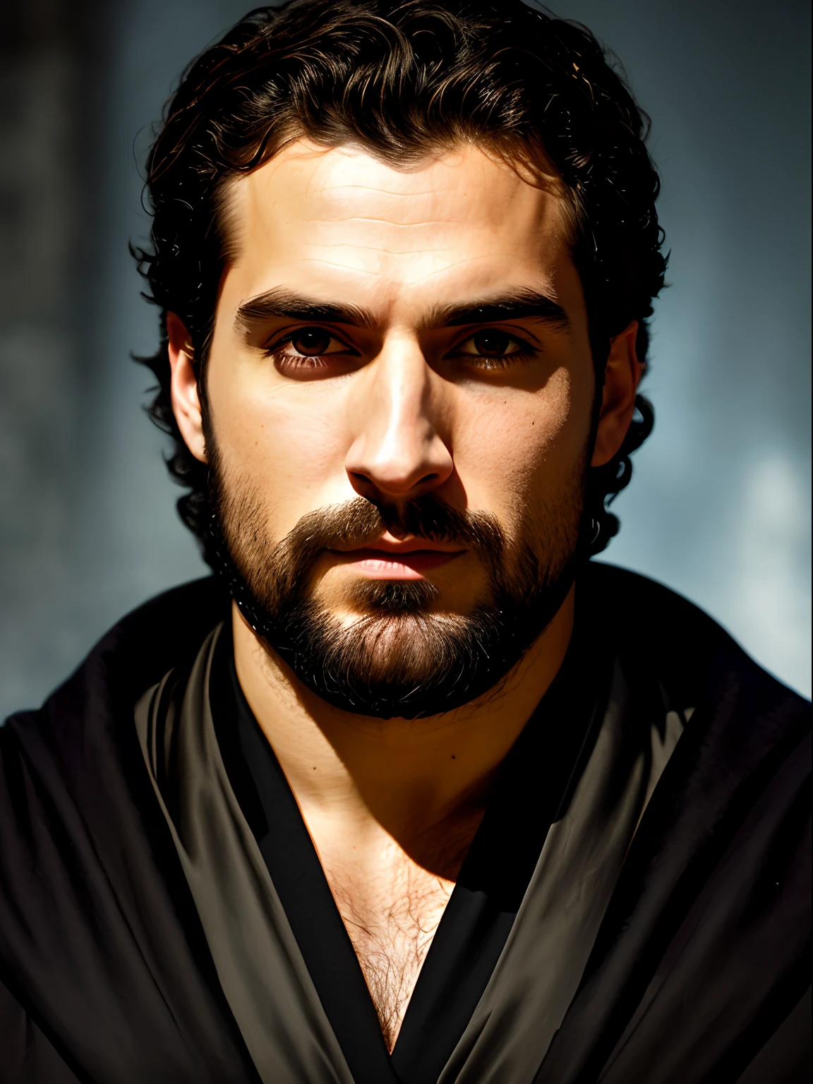 A close up of a insanely handsome attractive man with a thin beard and a black robe, a portrait by Roman Bezpalkiv, zbrush central contest winner, renaissance, heavenly handsome prince of persia, Henry Cavill as assyrian, handsome male, his head and neck covered in rich jewels, as a medieval fantasy character, arabian samurai, handsome man, portrait of bedouin d&d
