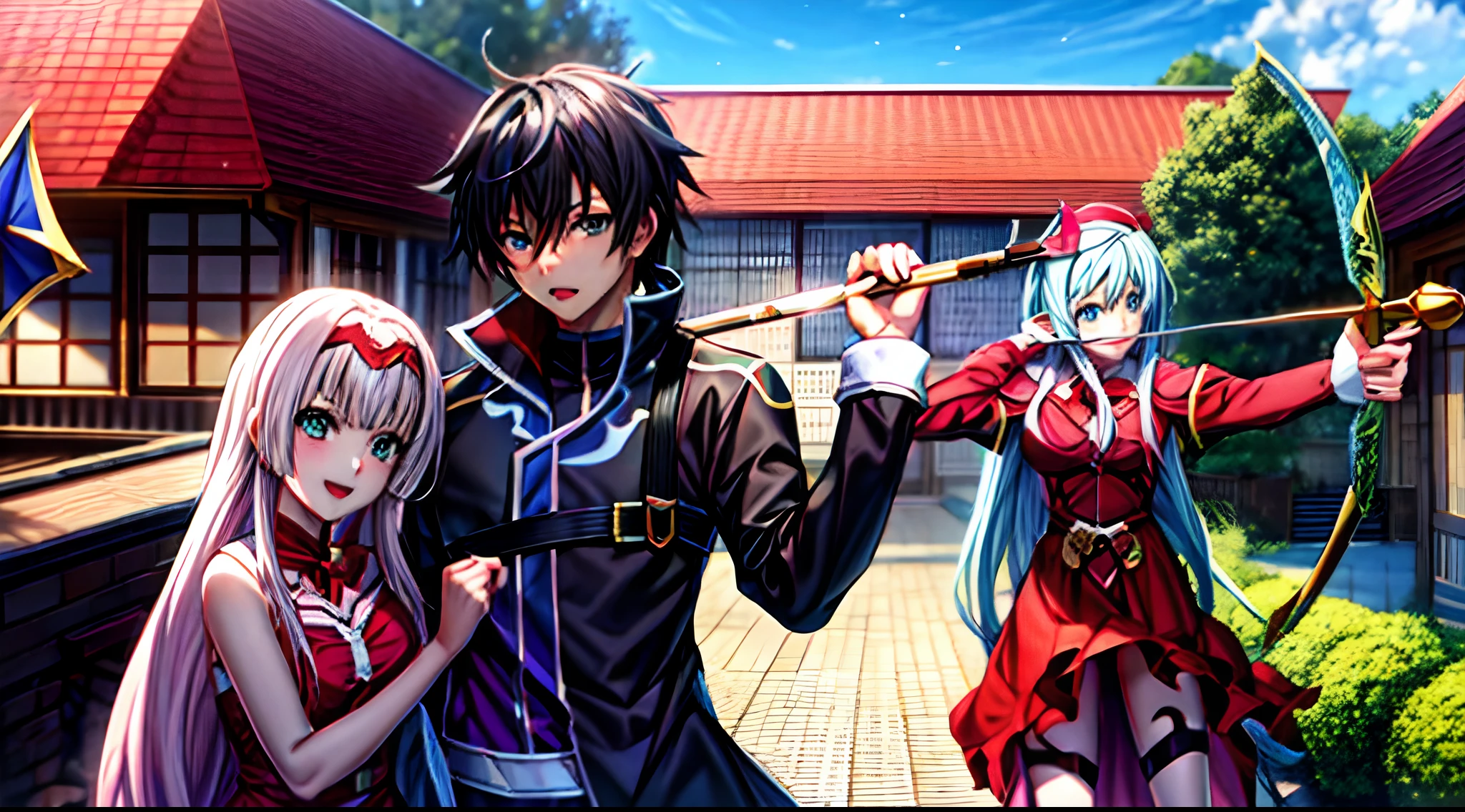 Anime characters are posing for a photo in front of a house, popular Isekai anime, Anime Estilo Estrela, anime em estilo fantasia, Isekai, cel anime sombreado, top 25 fantasy anime series, Arte de Espada Online, estilo anime como destino/noite de estadia, visual novel cg |, estrela, Epic anime style, highschool dxd, Kirito