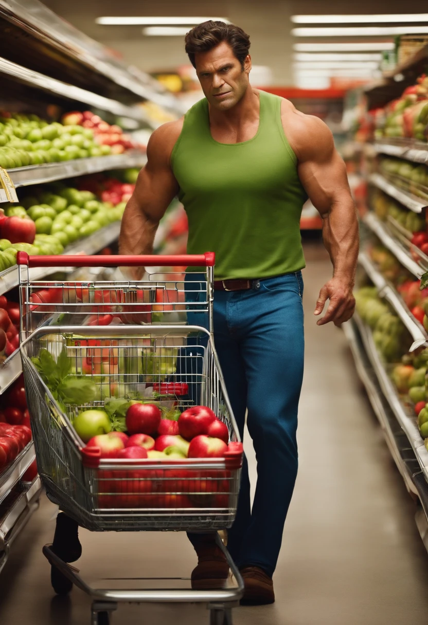 In the supermarket hulk in pants with shopping cart full of red cro apples