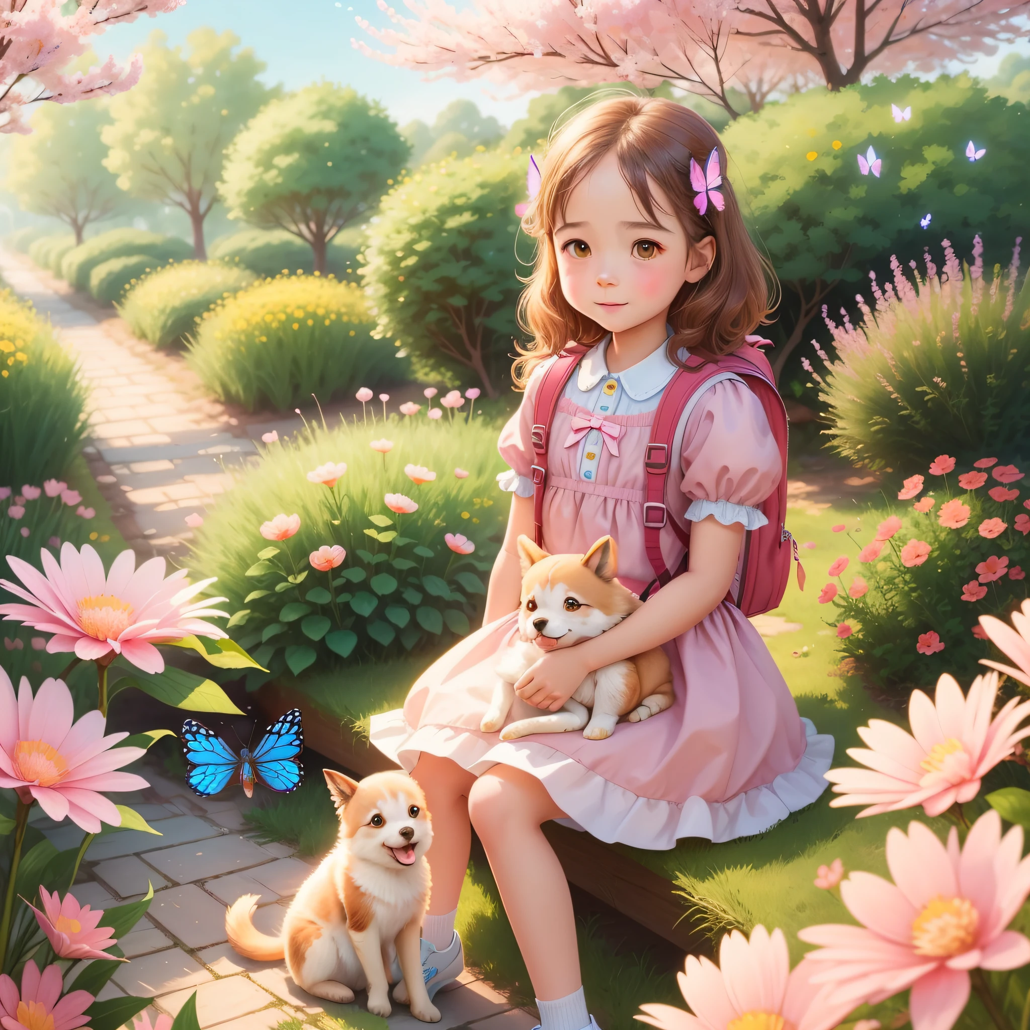 A charming girl with a backpack is enjoying a cute spring outing surrounded by beautiful yellow flowers and nature with her cute puppy. The illustration is a high-definition illustration in 4k resolution with highly detailed facial features and cartoon-style visuals, (Butterfly Dance)