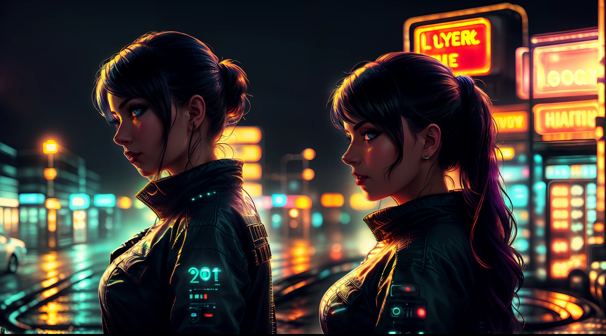 Retrato de una hermosa muchacha en una gasolinera por la noche, noche lluviosa, Hermosos ojos, foggy night lights, dramatic ligths, Neon lights, Hardwave aesthetics, cold lights, Dark Cyberpunk Aesthetic, Mujer extremadamente hermosa.