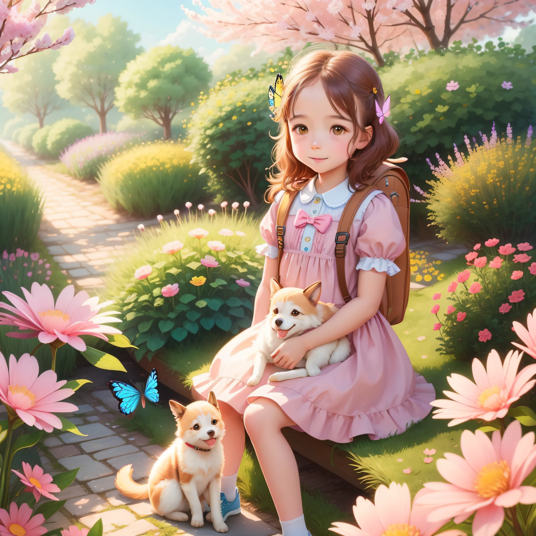 Long hair, white top, green skirt, big eyes girl, 4k ultra clear, small daisy lawn, holding white cat