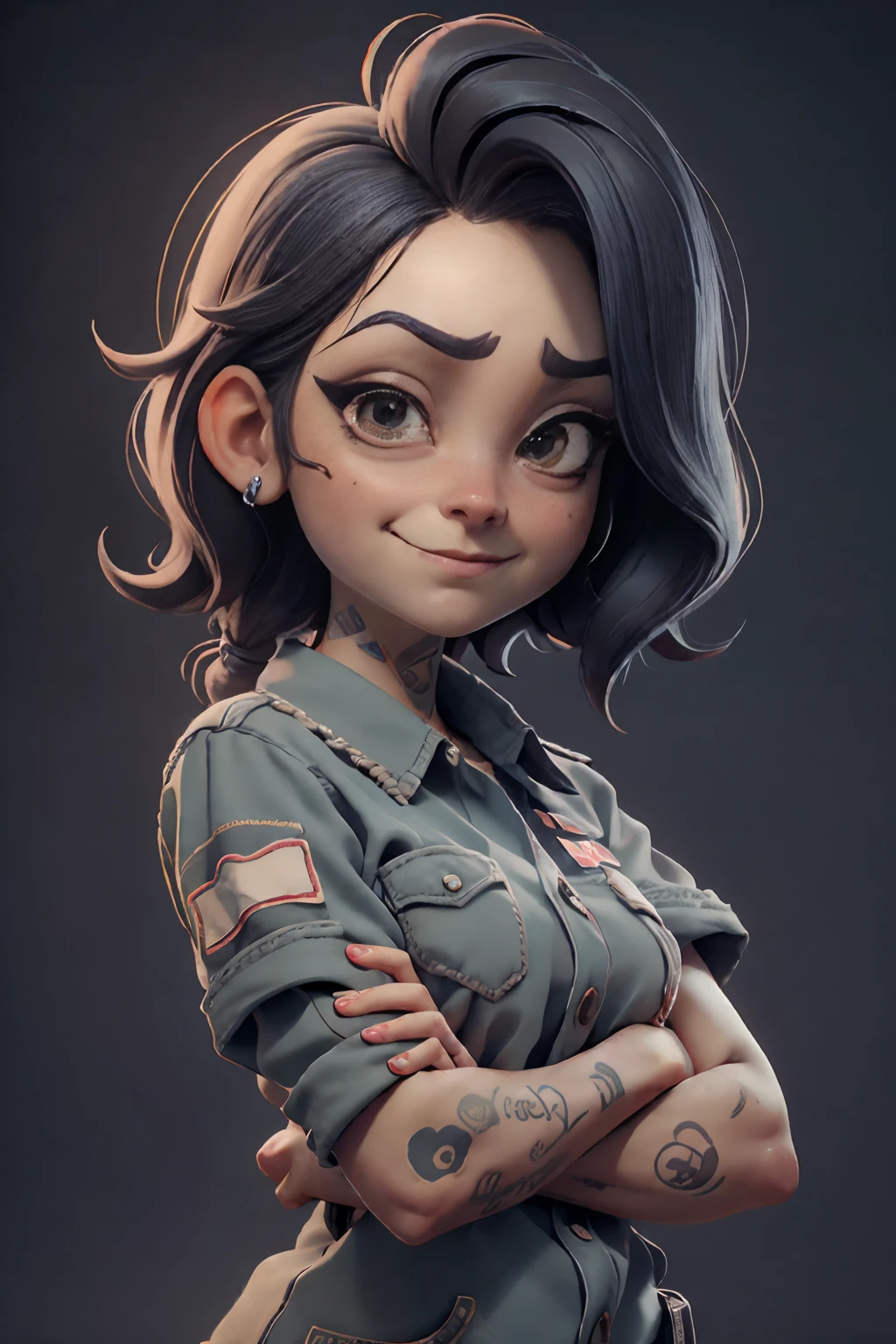 Development of animated characters in the style of 3D Pixar, Different facial expressions of an incarcerated woman in striped prison clothes with a patch with a number, tattoo on the arm, Character Sheet, Drawing, Реалистичный 3D-рендеринг, high resolution texture, dramatic lighting, Expressive Caricature, Different facial expressions with a smirk, dramatic, A Rich Perspective. a closeup of a.