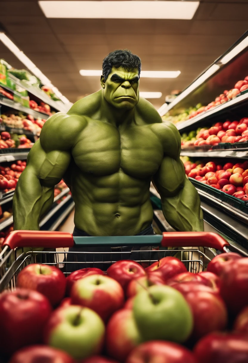 In the supermarket hulk in pants with shopping cart full of red colored apples