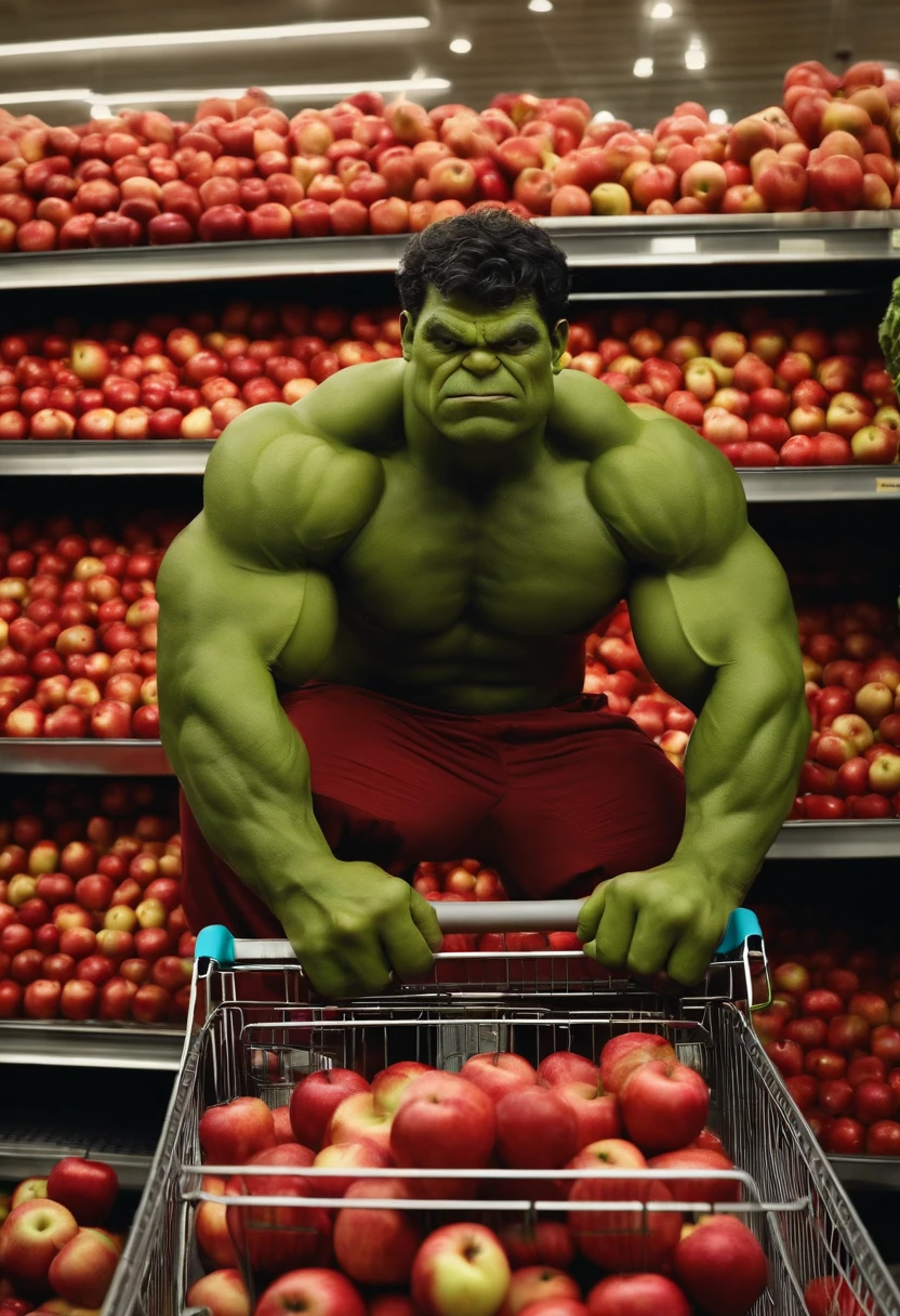 Hulk in pants lifting a trophy with a red colored apple on top of the trophy